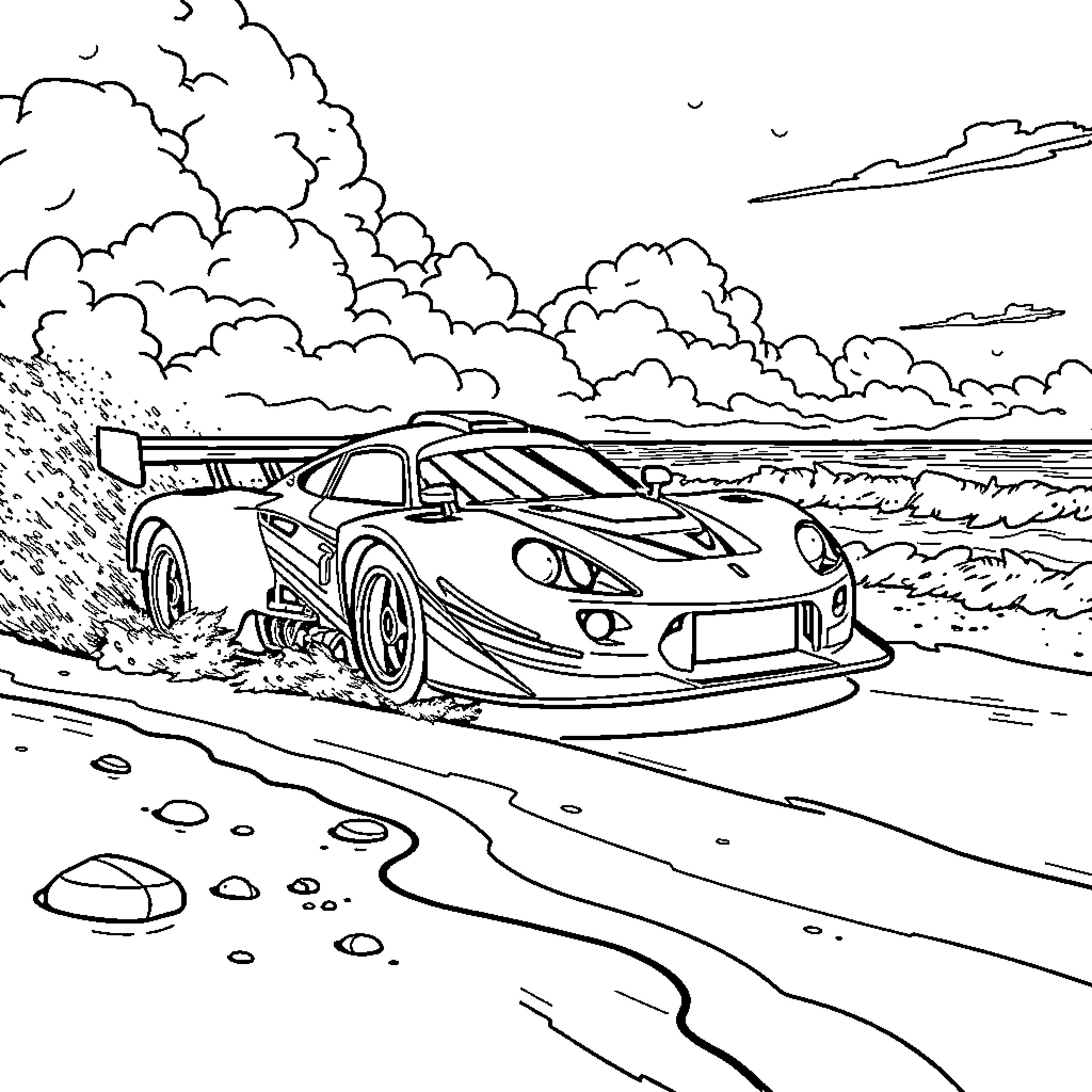 Racing Car speeding on countryside road Coloring Page (free black-and-white line drawing printable PDF for all, from beginners to advanced learners, including children, teens, adults, and seniors)