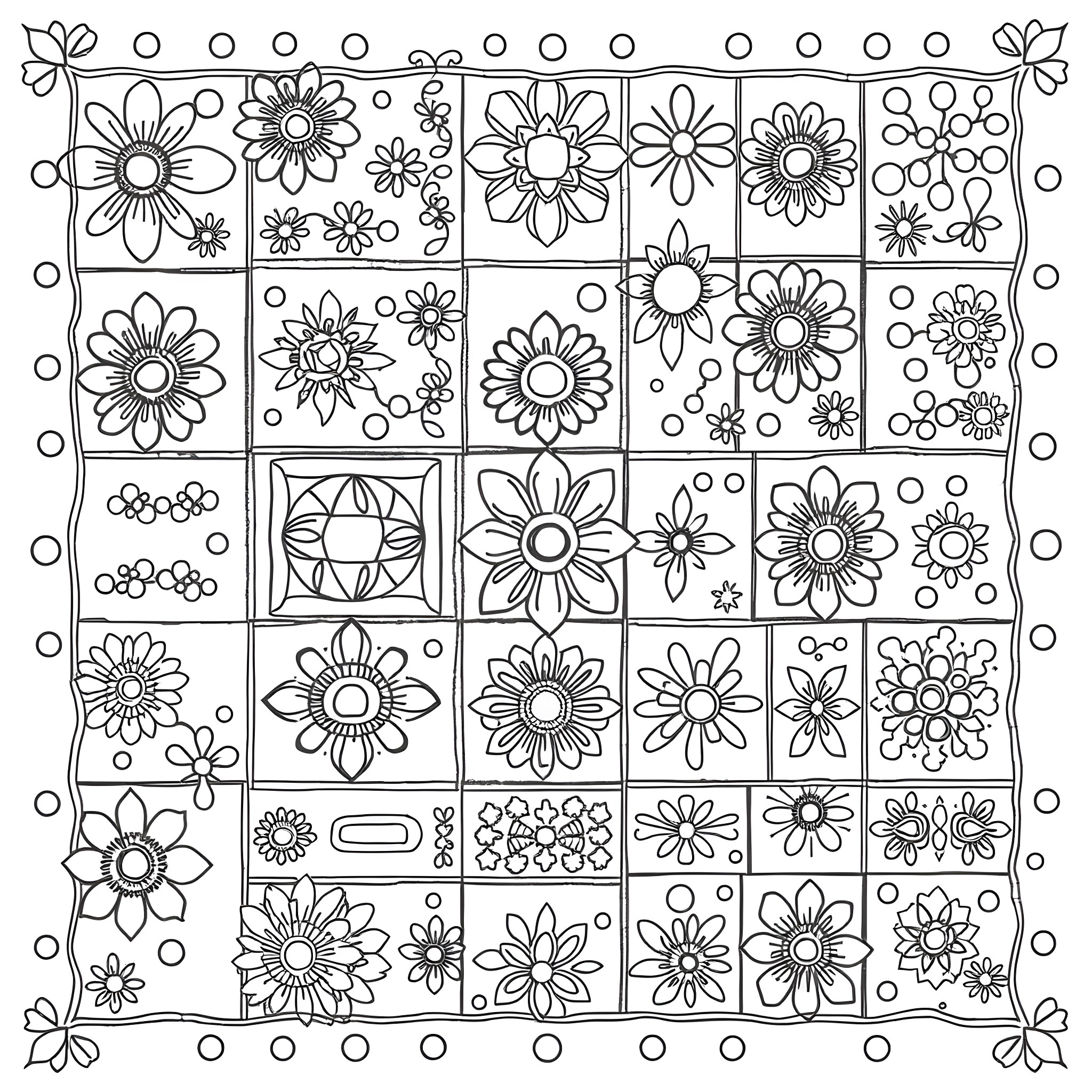 Patchwork of Whimsical Floral Illustrations Coloring Page (free black-and-white line drawing printable PDF for all, from beginners to advanced learners, including children, teens, adults, and seniors)