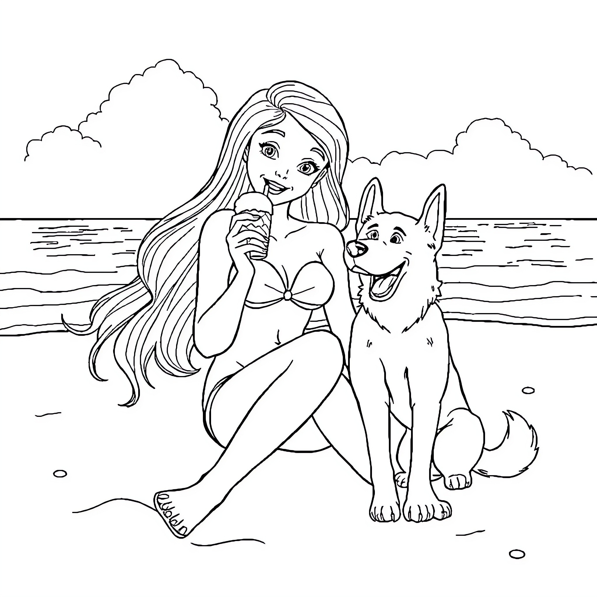 Ania enjoying the beach with her loyal companion Coloring Page (free black-and-white line drawing printable PDF for all, from beginners to advanced learners, including children, teens, adults, and seniors)