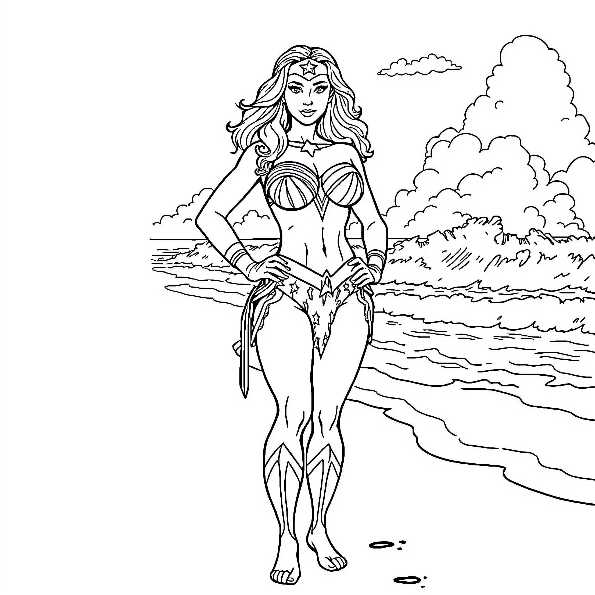 Wonder Woman standing heroically on the beach Coloring Page (free black-and-white line drawing printable PDF for all, from beginners to advanced learners, including children, teens, adults, and seniors)