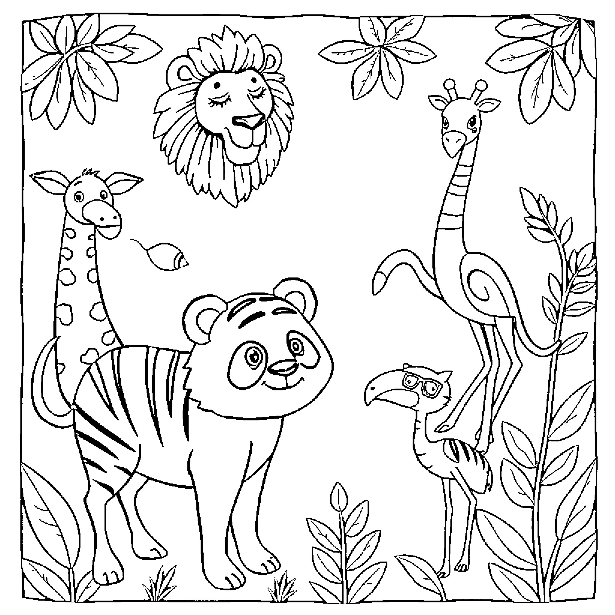 Animal friends in the jungle Coloring Page (free black-and-white line drawing printable PDF for all, from beginners to advanced learners, including children, teens, adults, and seniors)