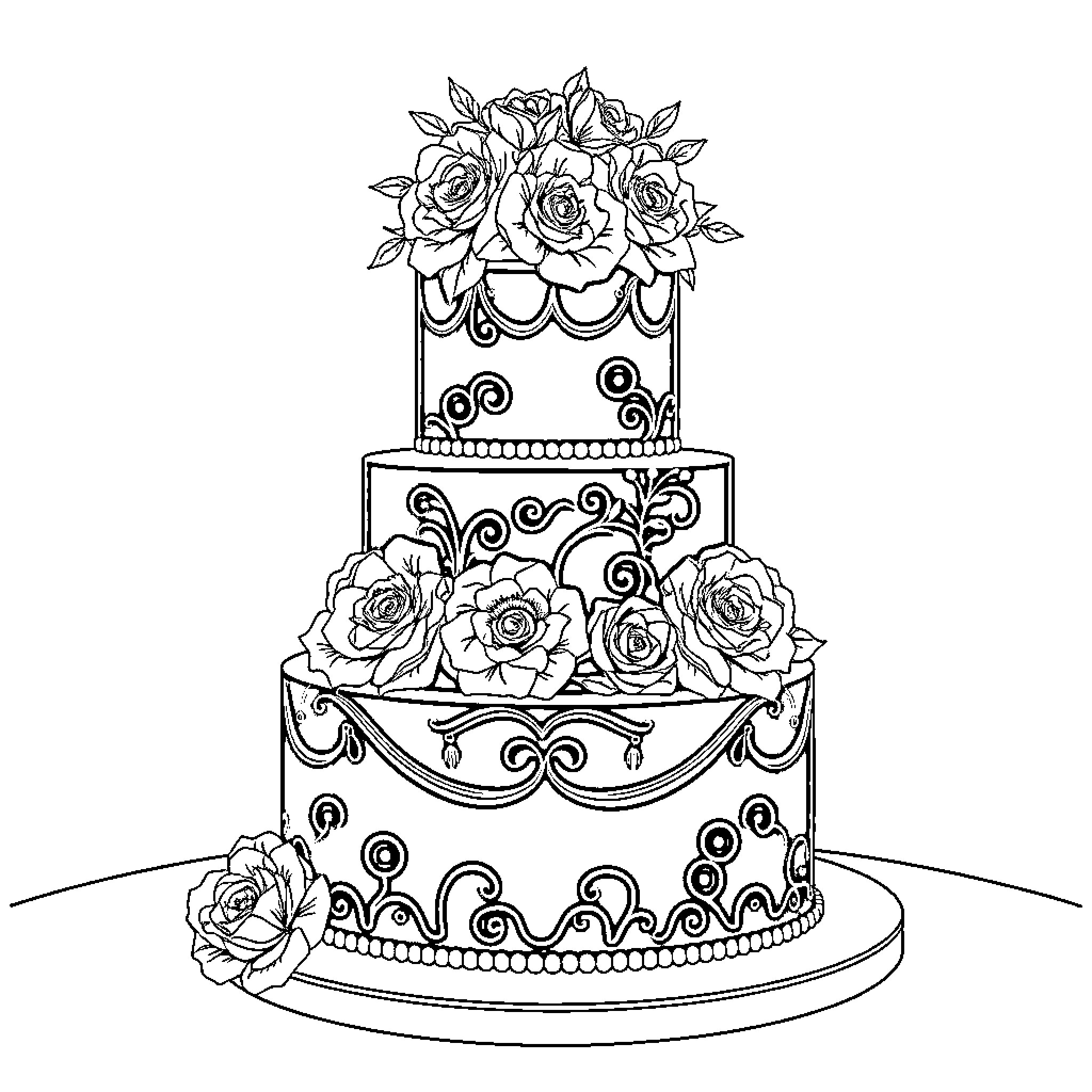 Wedding Cake with Elegant Floral Decorations Coloring Page (free black-and-white line drawing printable PDF for all, from beginners to advanced learners, including children, teens, adults, and seniors)