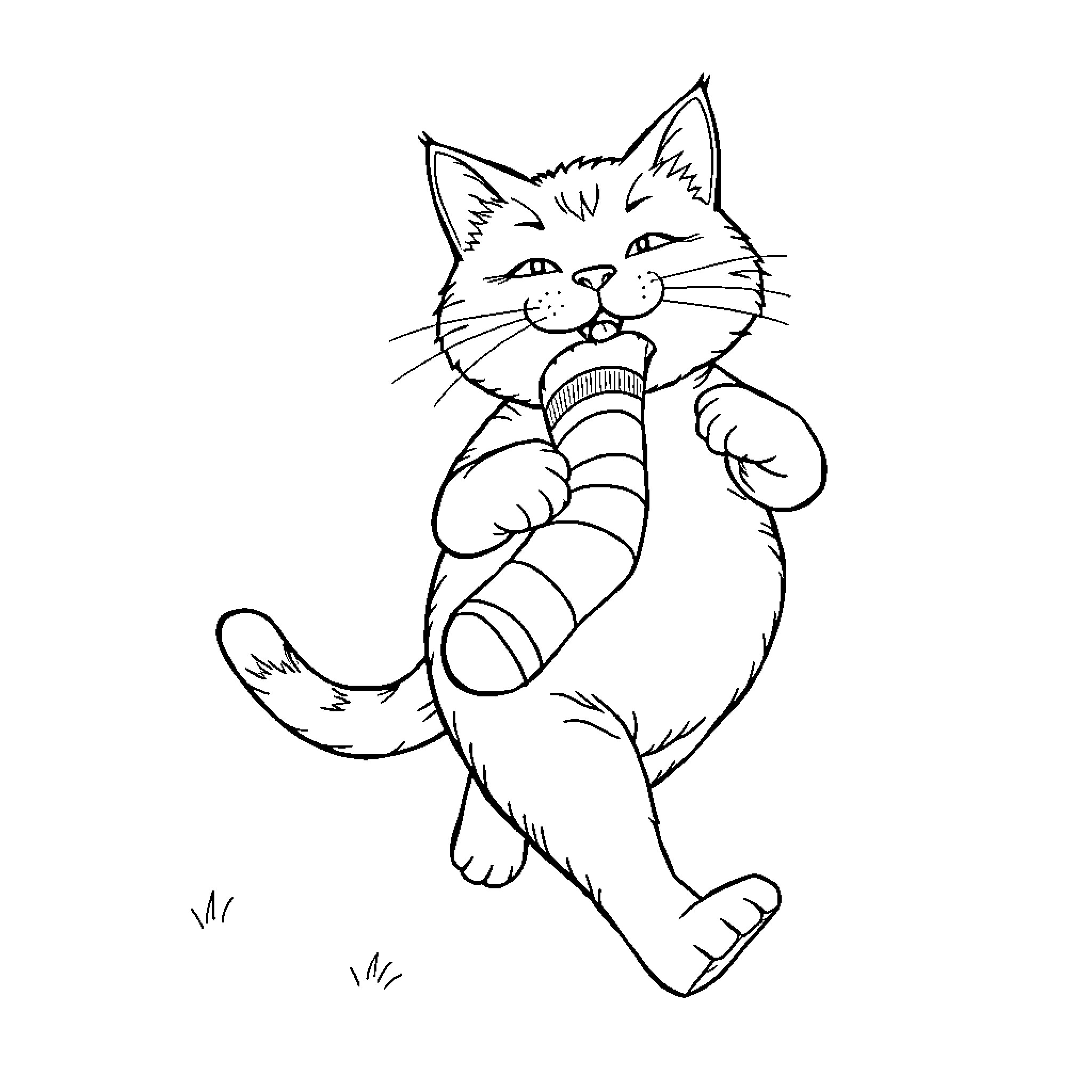 Cat wearing a scarf playing in the grass Coloring Page (free black-and-white line drawing printable PDF for all, from beginners to advanced learners, including children, teens, adults, and seniors)