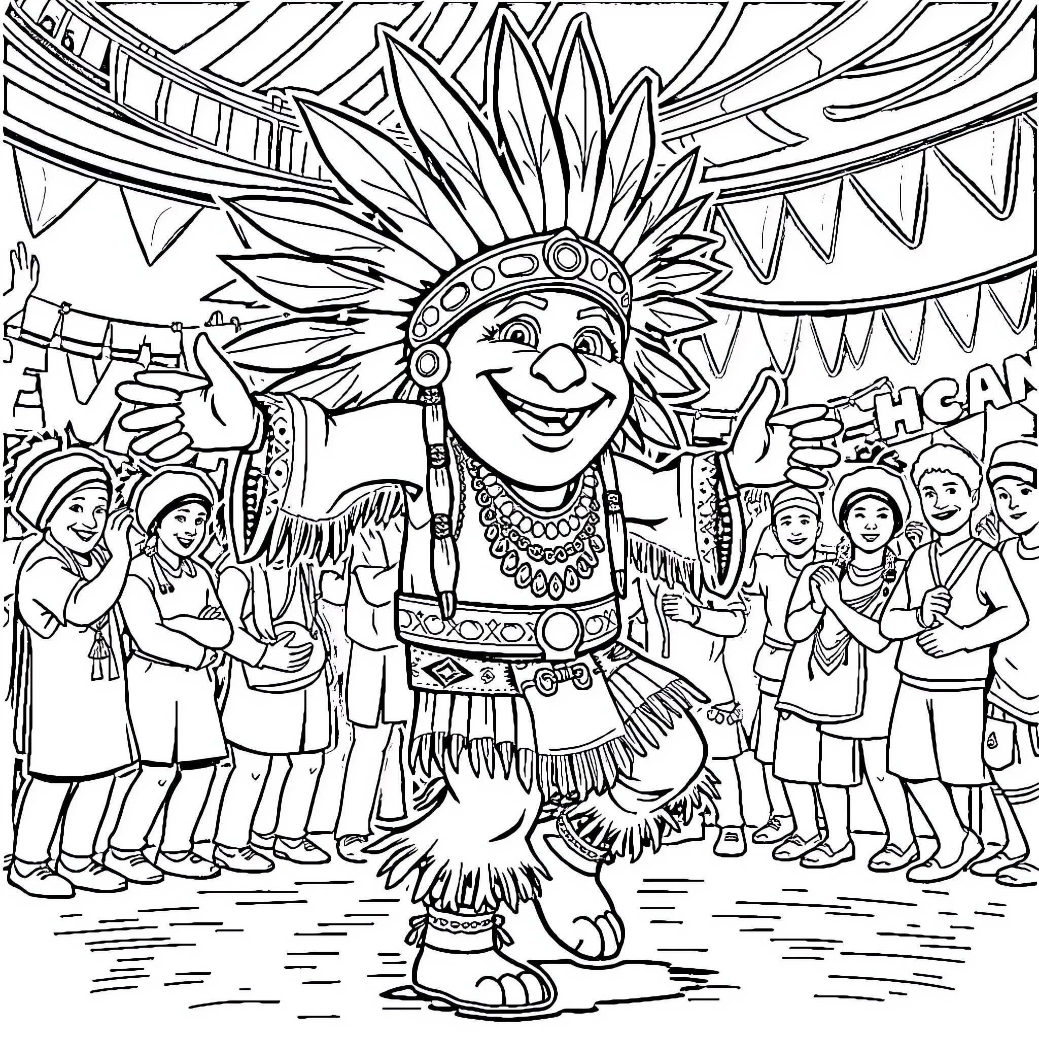 Oogie Boogie leading a festive parade with dancers Coloring Page (free black-and-white line drawing printable PDF for all, from beginners to advanced learners, including children, teens, adults, and seniors)