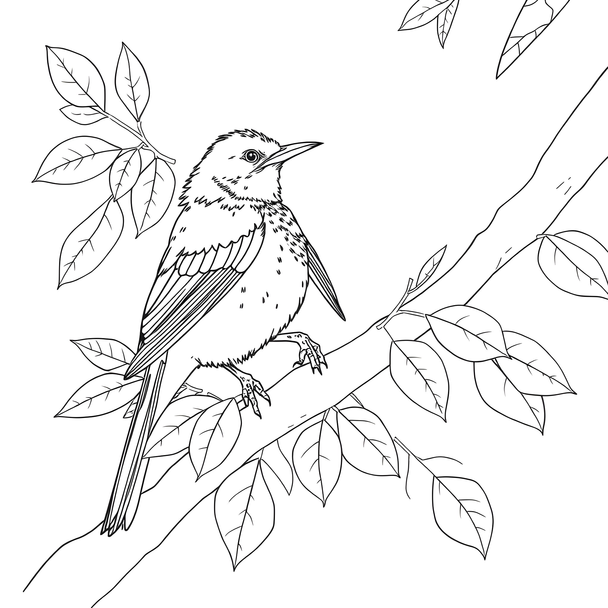Tanager perched on leafy branch Coloring Page (free black-and-white line drawing printable PDF for all, from beginners to advanced learners, including children, teens, adults, and seniors)