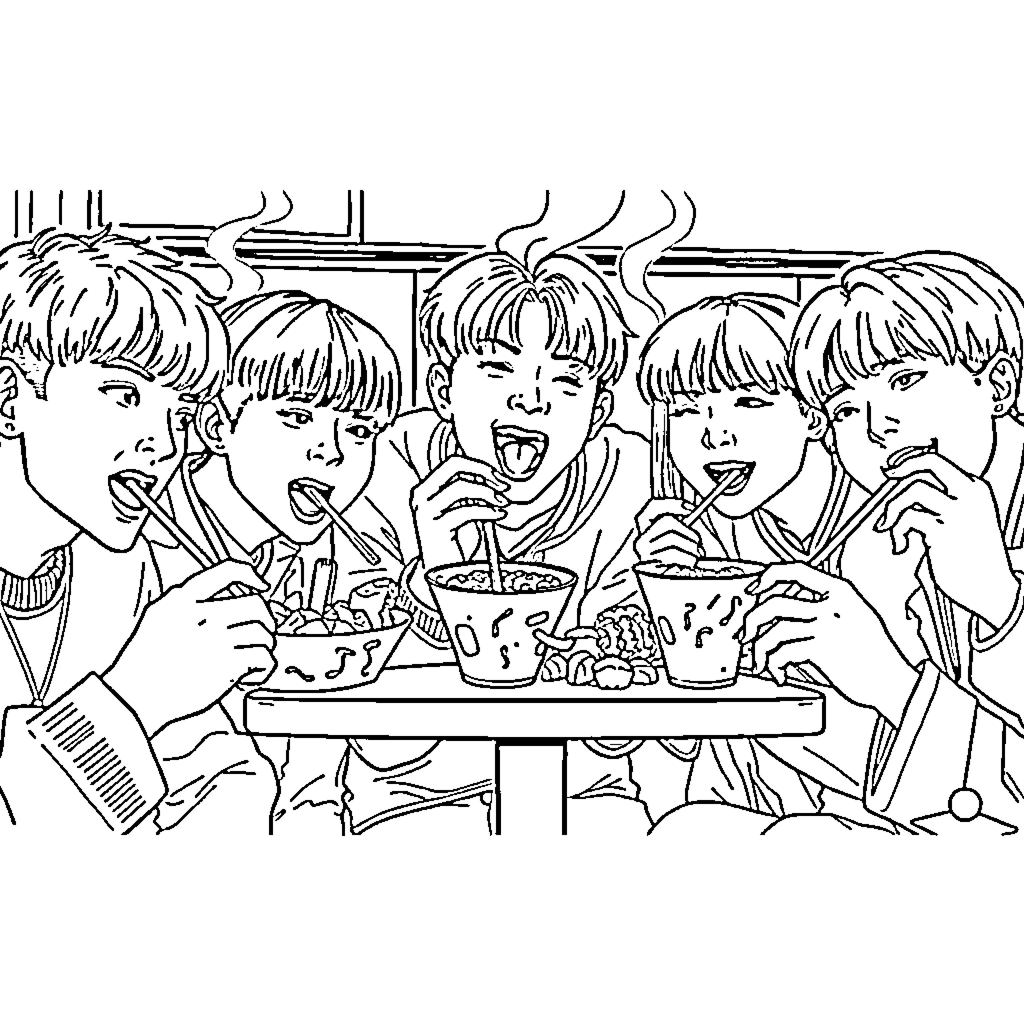 K Pop Group Enjoying a Lively Meal Together Coloring Page (free black-and-white line drawing printable PDF for all, from beginners to advanced learners, including children, teens, adults, and seniors)