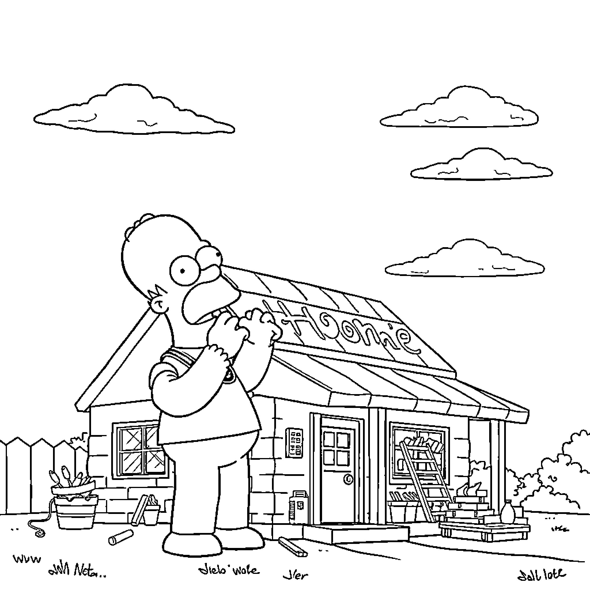 Homer's Cozy Cartoon Cottage Coloring Page (free black-and-white line drawing printable PDF for all, from beginners to advanced learners, including children, teens, adults, and seniors)
