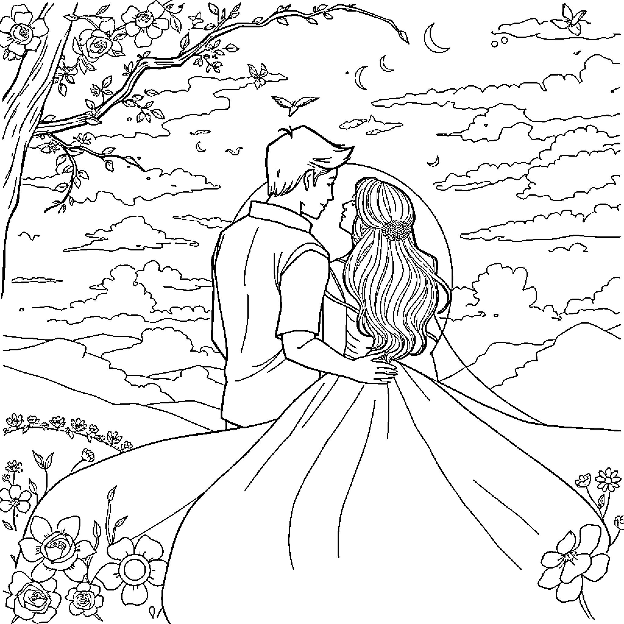 Couple embracing under a moonlit sky Coloring Page (free black-and-white line drawing printable PDF for all, from beginners to advanced learners, including children, teens, adults, and seniors)