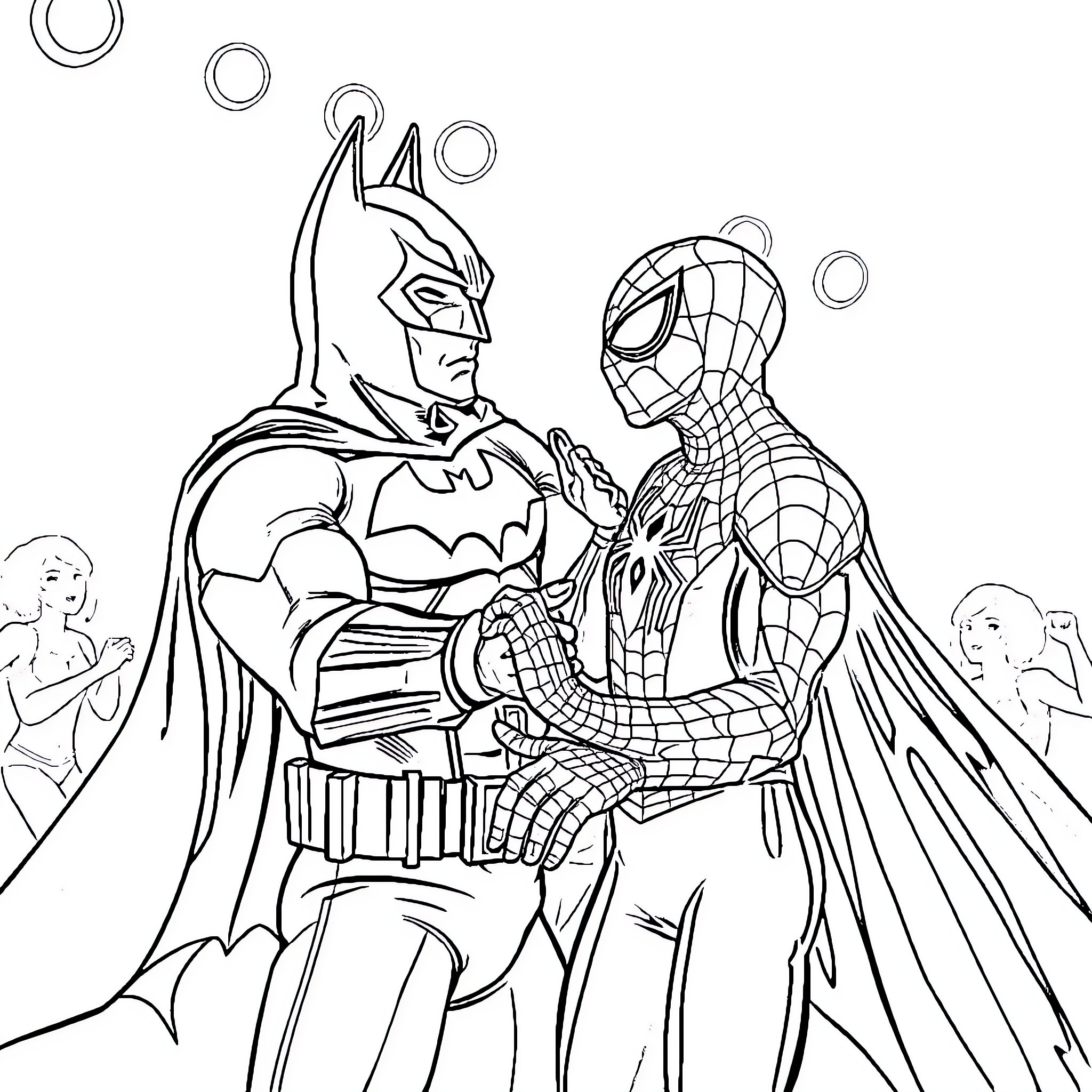 Mask-clad heroes in epic clash Coloring Page (free black-and-white line drawing printable PDF for all, from beginners to advanced learners, including children, teens, adults, and seniors)