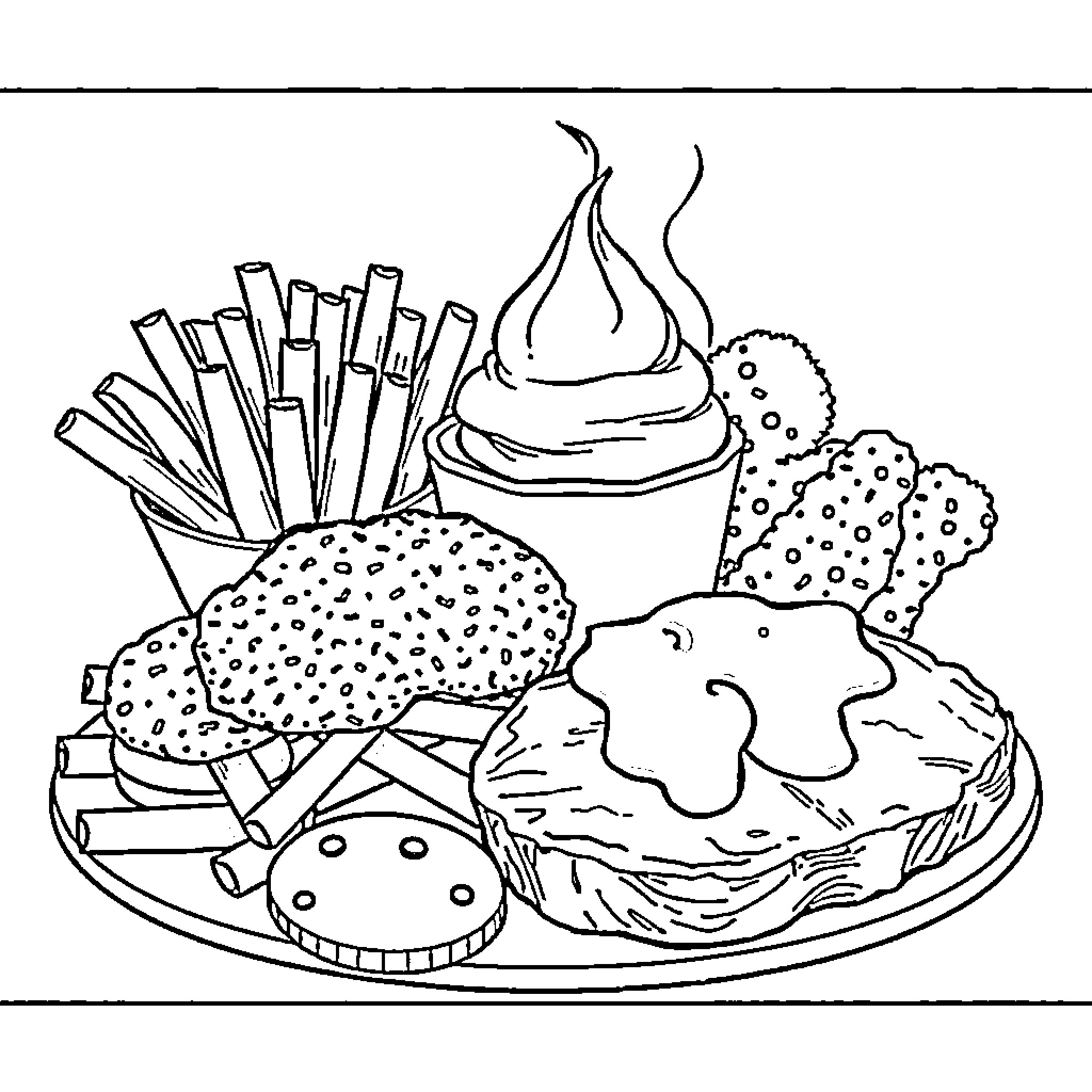 Food with Varied Dishes and Treats Coloring Page (free black-and-white line drawing printable PDF for all, from beginners to advanced learners, including children, teens, adults, and seniors)
