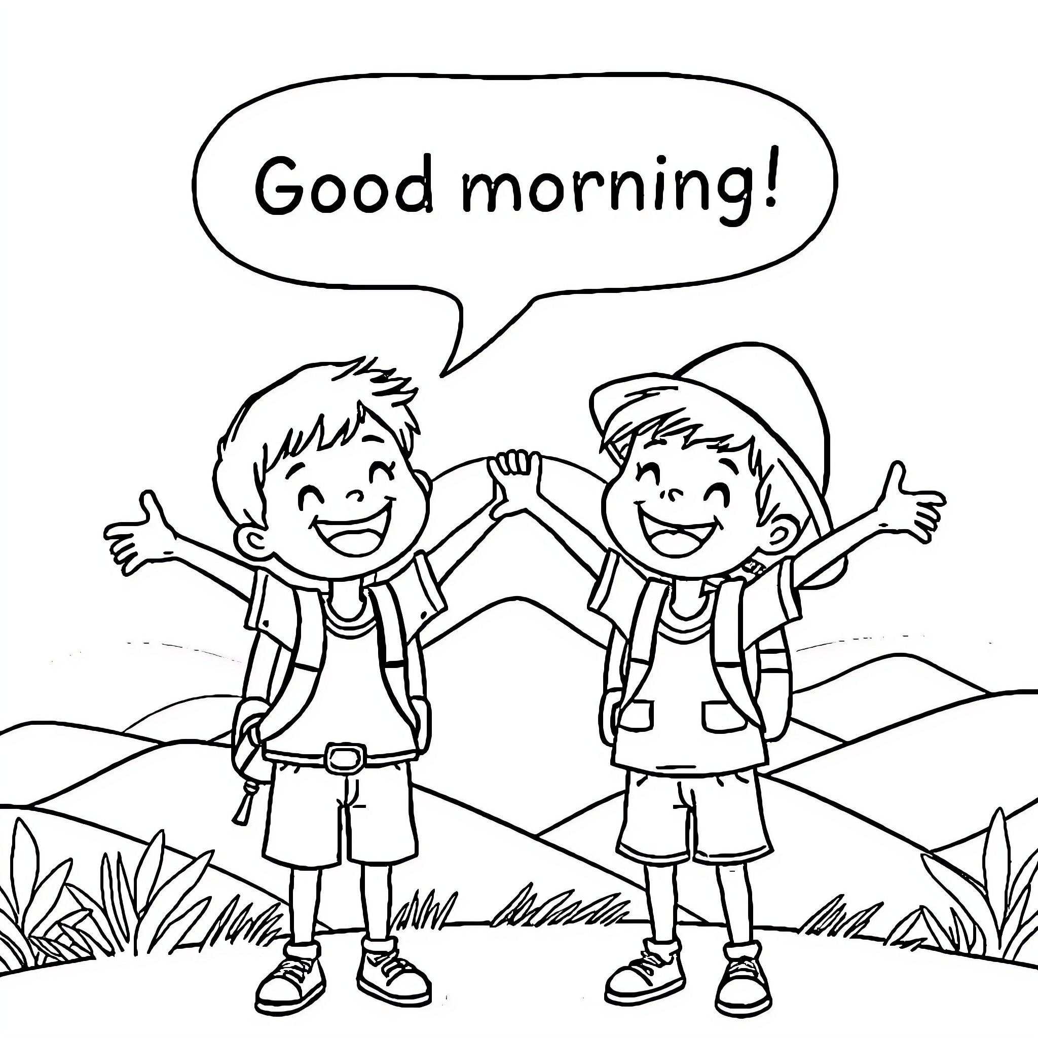 Explorer Friends Greeting Cheerfully in the Outdoors Coloring Page (free black-and-white line drawing printable PDF for all, from beginners to advanced learners, including children, teens, adults, and seniors)