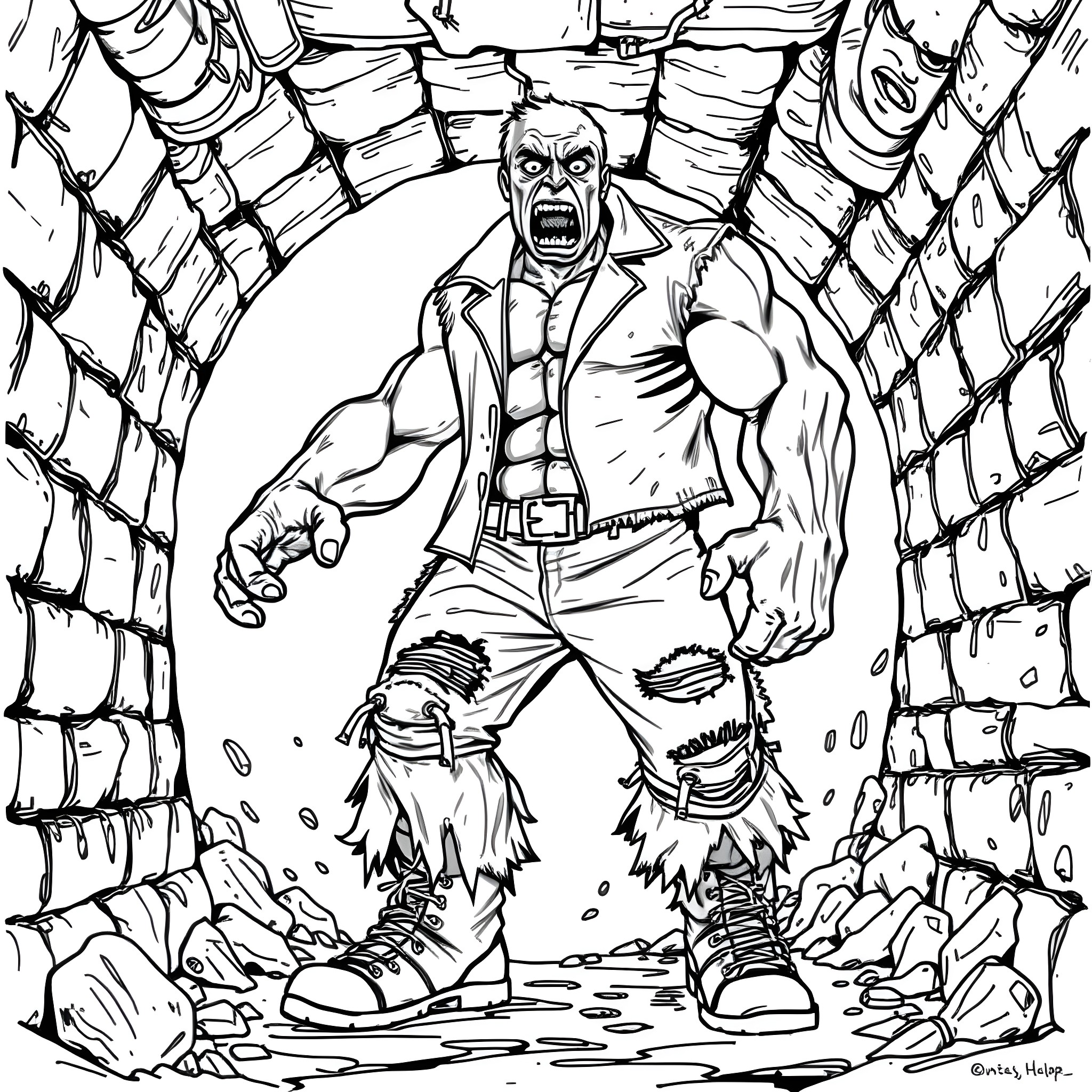Zombie Hulk Raging Through Webbed Destruction Coloring Page (free black-and-white line drawing printable PDF for all, from beginners to advanced learners, including children, teens, adults, and seniors)
