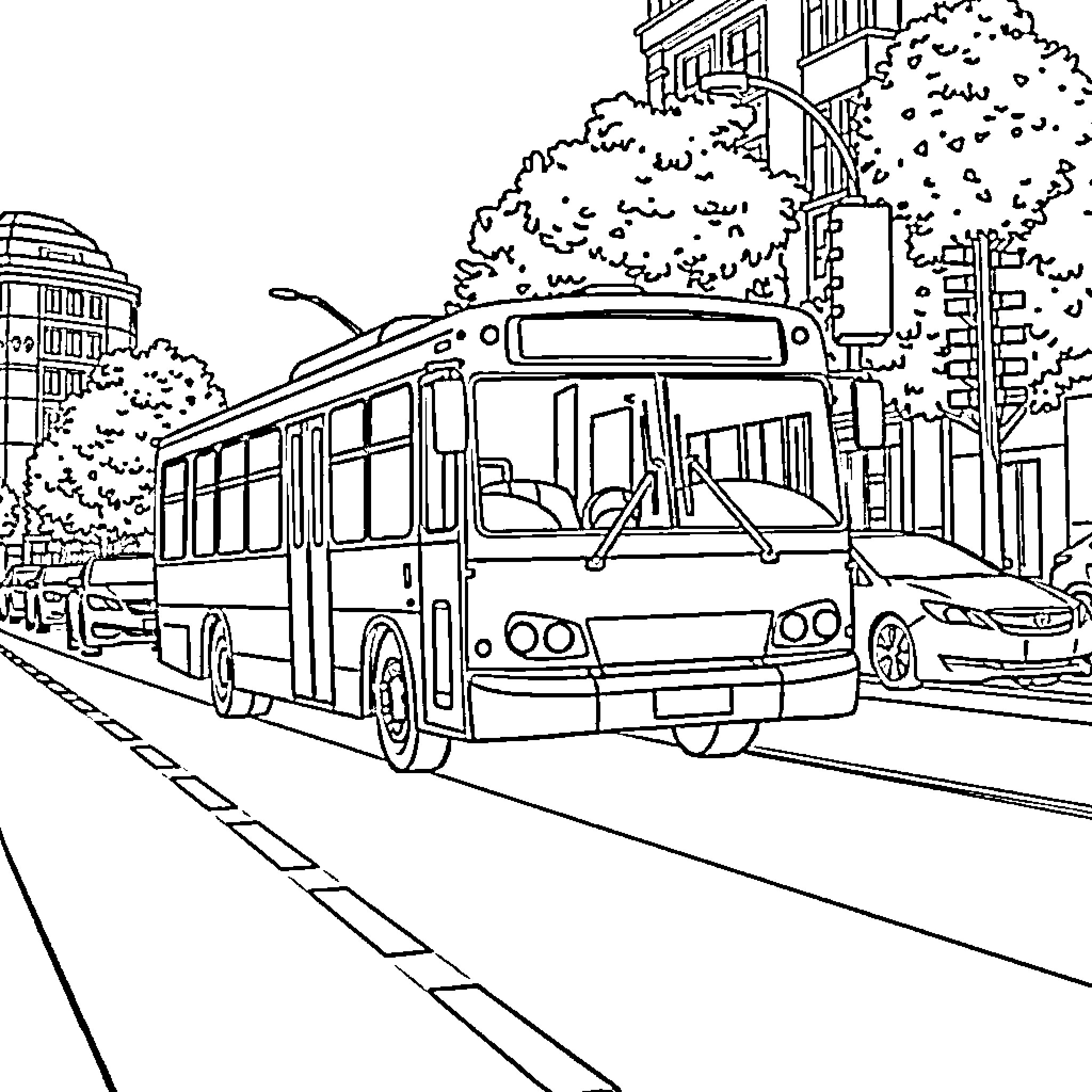 Bus on a City Street with Trees Coloring Page (free black-and-white line drawing printable PDF for all, from beginners to advanced learners, including children, teens, adults, and seniors)