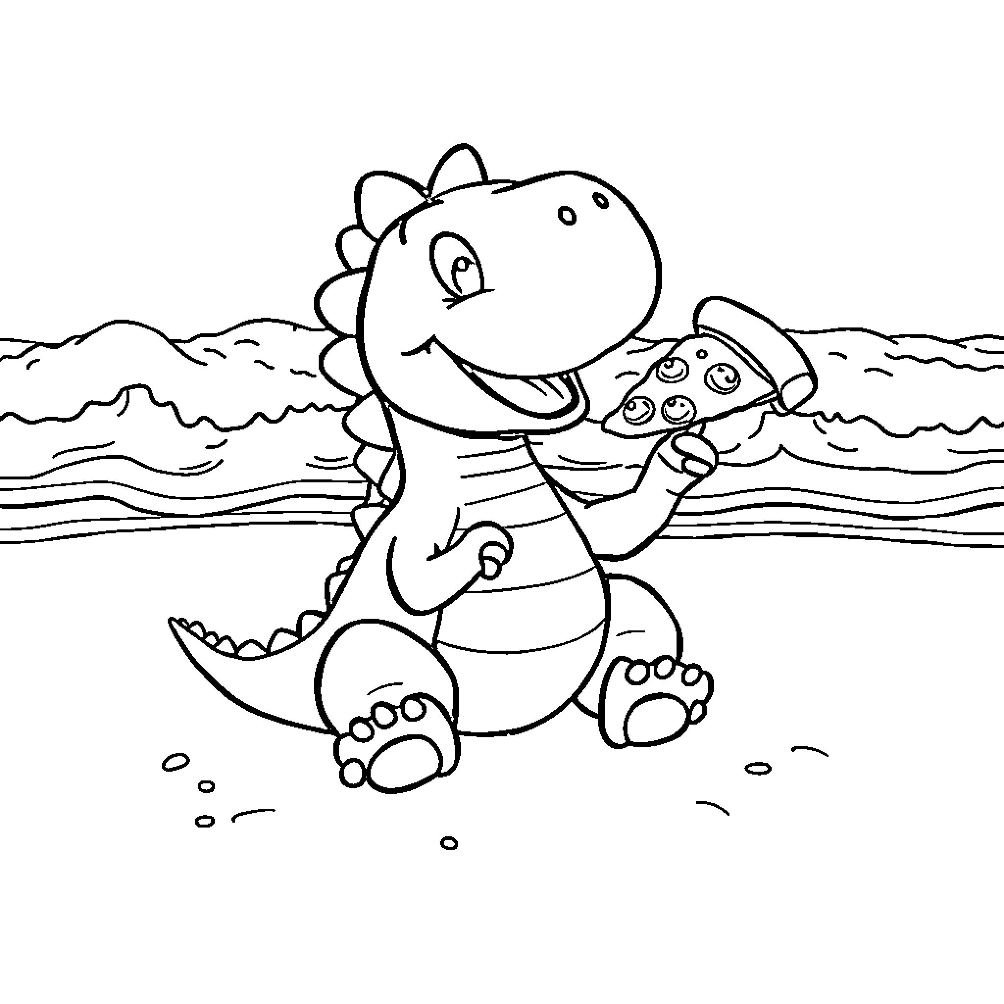 Dinosaur Playing in the Beach Coloring Page (free black-and-white line drawing printable PDF for all, from beginners to advanced learners, including children, teens, adults, and seniors)