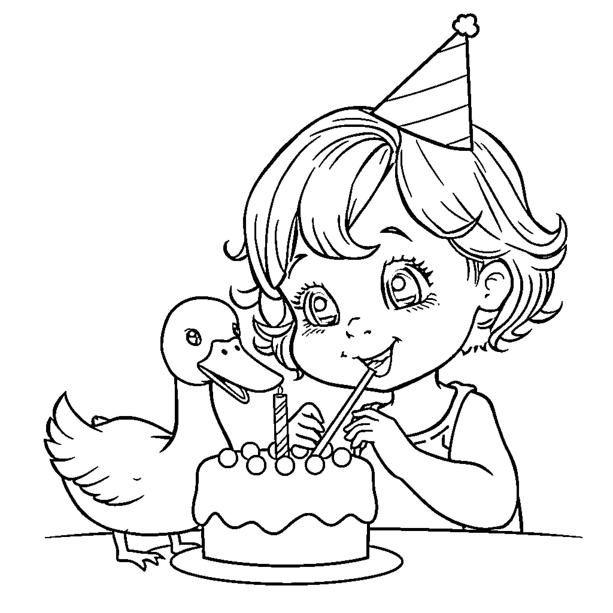 Baby Girl Blowing Out Birthday Candles with Duck Coloring Page (free black-and-white line drawing printable PDF for all, from beginners to advanced learners, including children, teens, adults, and seniors)