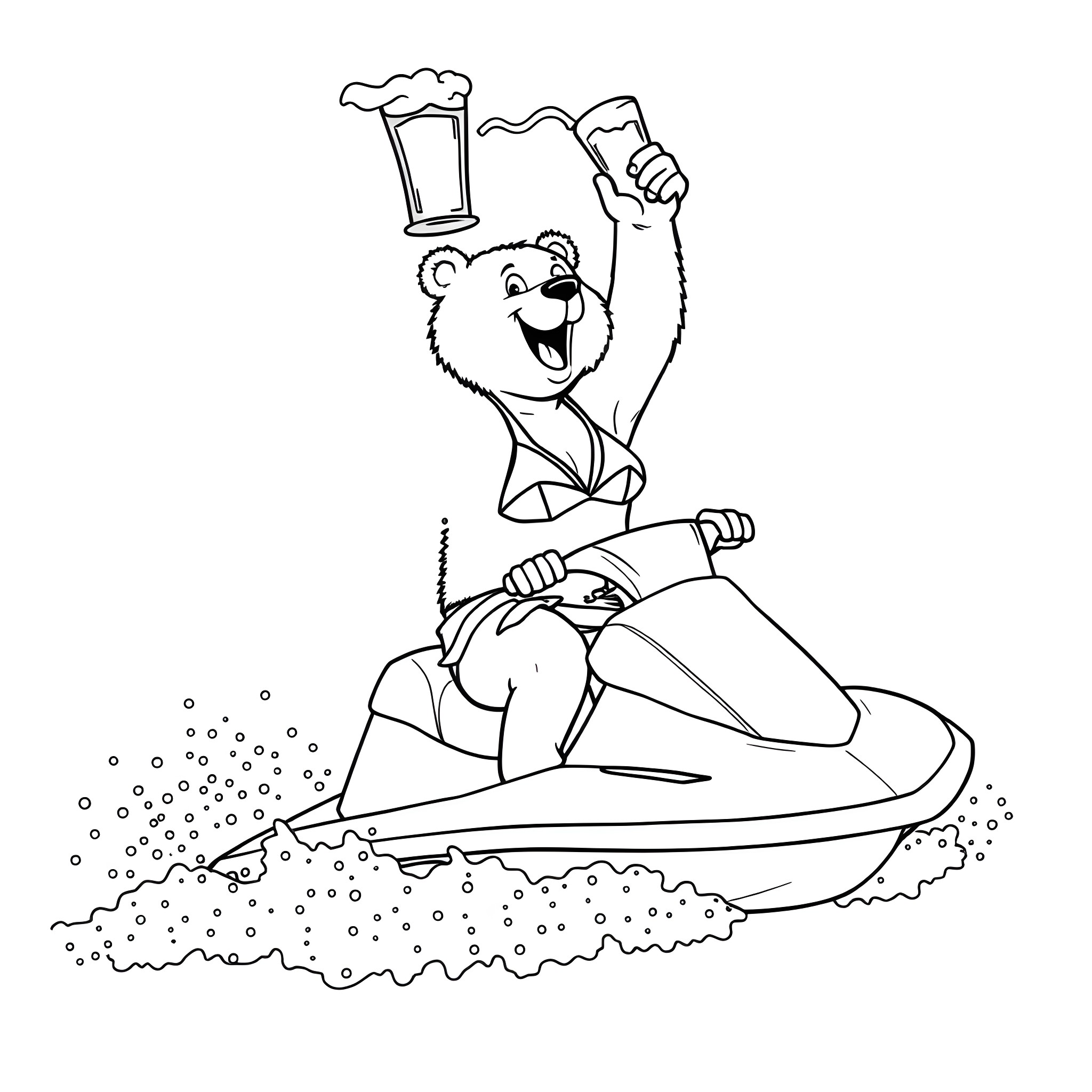 Bear riding a jet ski and raising a mug Coloring Page (free black-and-white line drawing printable PDF for all, from beginners to advanced learners, including children, teens, adults, and seniors)