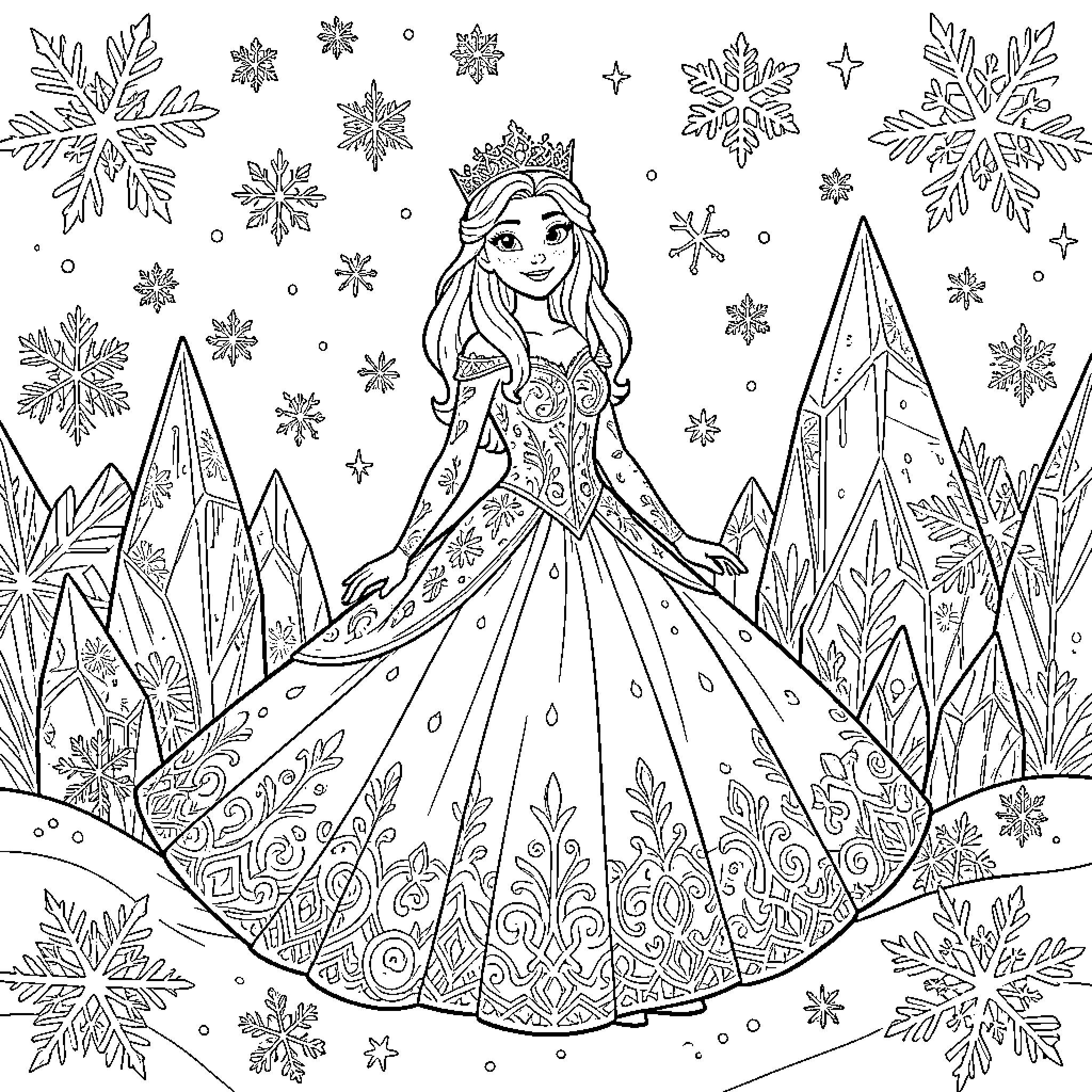 Snow Queen in her Ornate Winter Gown Coloring Page (free black-and-white line drawing printable PDF for all, from beginners to advanced learners, including children, teens, adults, and seniors)