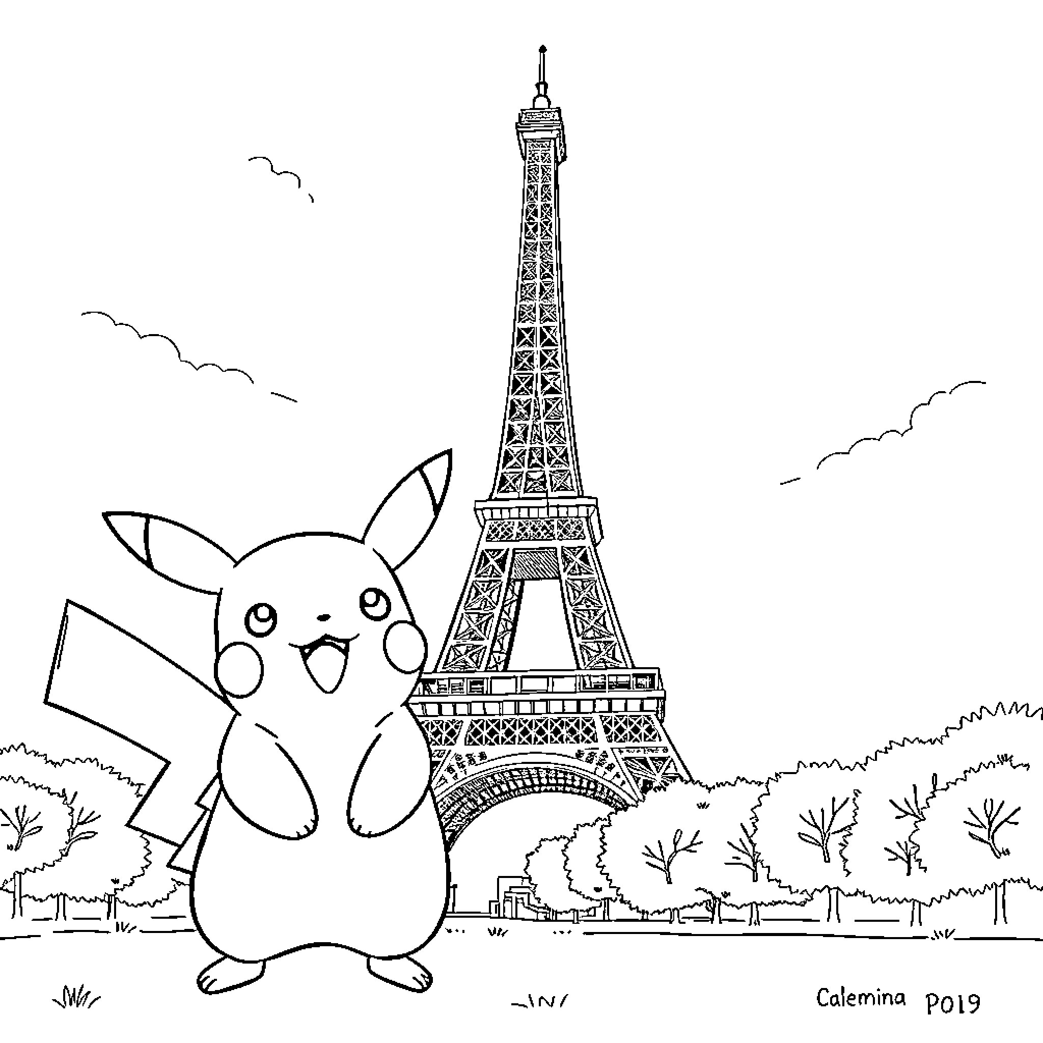 Pikachu posing joyfully in front of Eiffel Tower Coloring Page (free black-and-white line drawing printable PDF for all, from beginners to advanced learners, including children, teens, adults, and seniors)