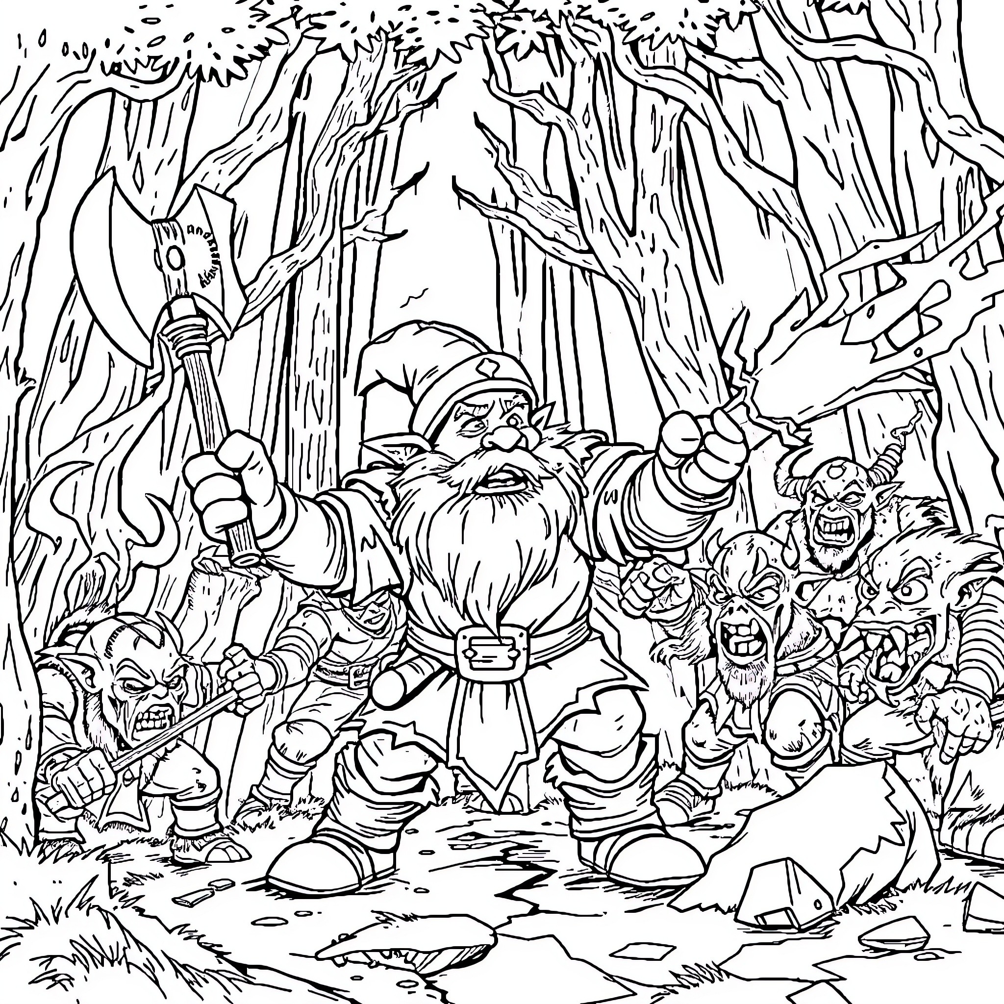 Dwarf warriors battling ferocious creatures in a mystical forest Coloring Page (free black-and-white line drawing printable PDF for all, from beginners to advanced learners, including children, teens, adults, and seniors)