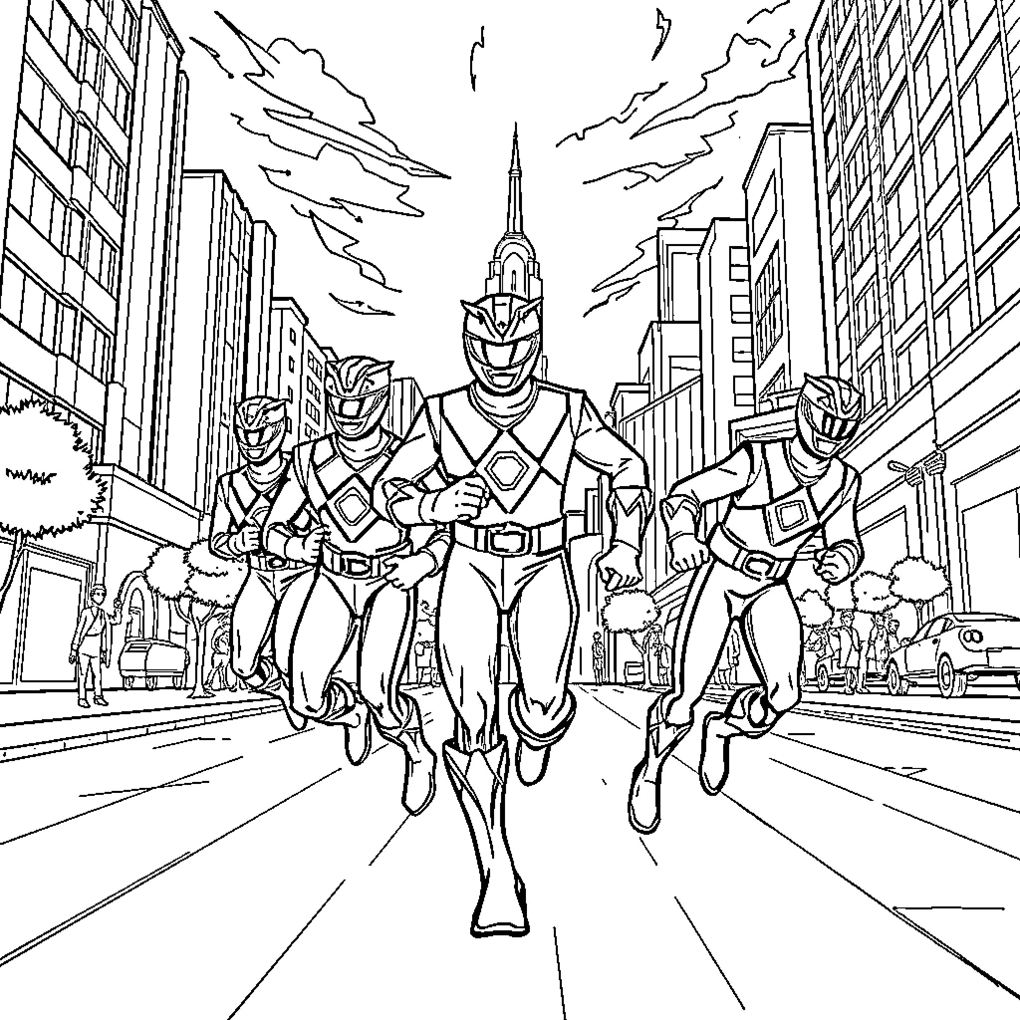Power Rangers Heroic Team Rushes Through the City Coloring Page (free black-and-white line drawing printable PDF for all, from beginners to advanced learners, including children, teens, adults, and seniors)