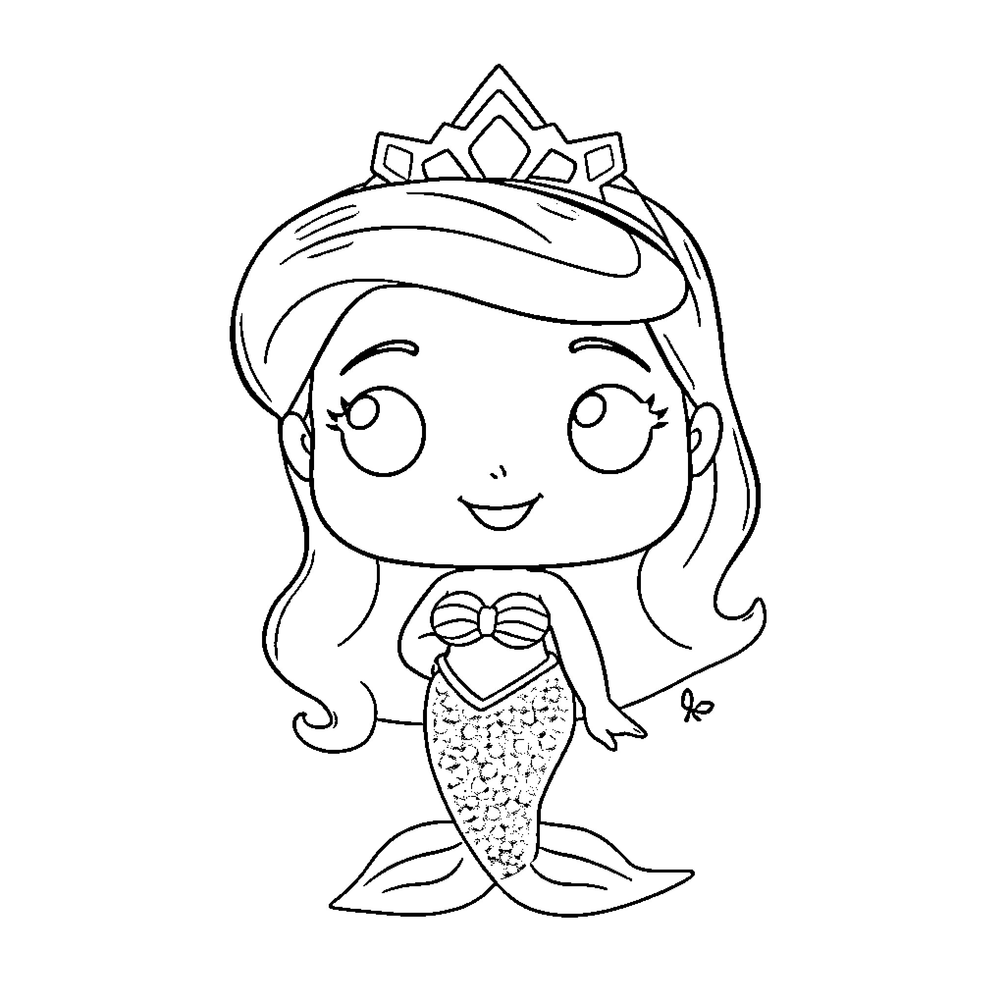 Mermaid princess smiling joyfully Coloring Page (free black-and-white line drawing printable PDF for all, from beginners to advanced learners, including children, teens, adults, and seniors)