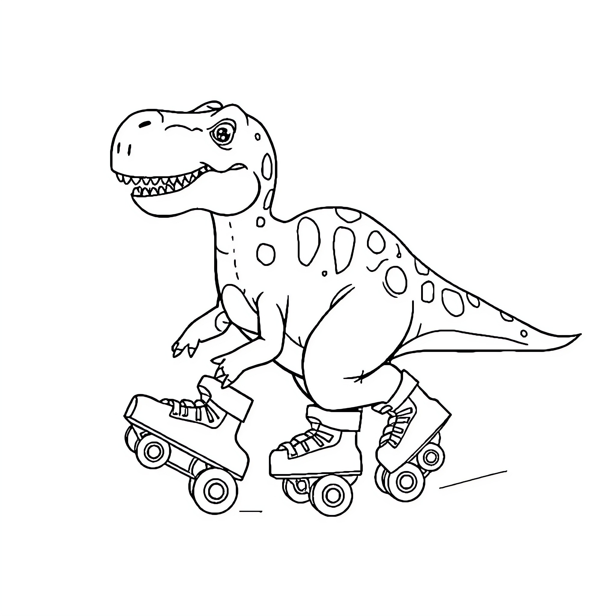 Dinosaur riding roller skates with excitement Coloring Page (free black-and-white line drawing printable PDF for all, from beginners to advanced learners, including children, teens, adults, and seniors)