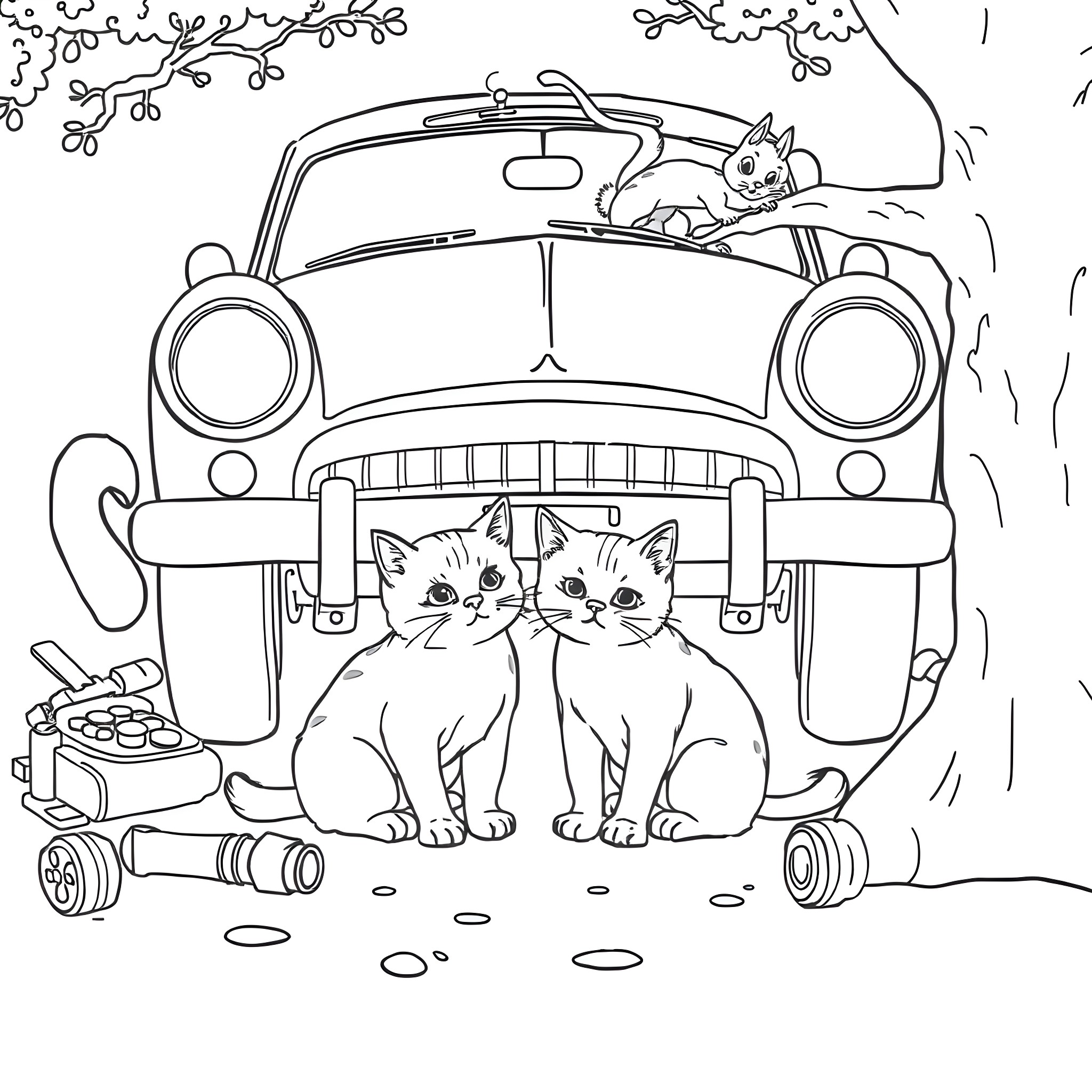 Cat Adventure in a Vintage Car Coloring Page (free black-and-white line drawing printable PDF for all, from beginners to advanced learners, including children, teens, adults, and seniors)