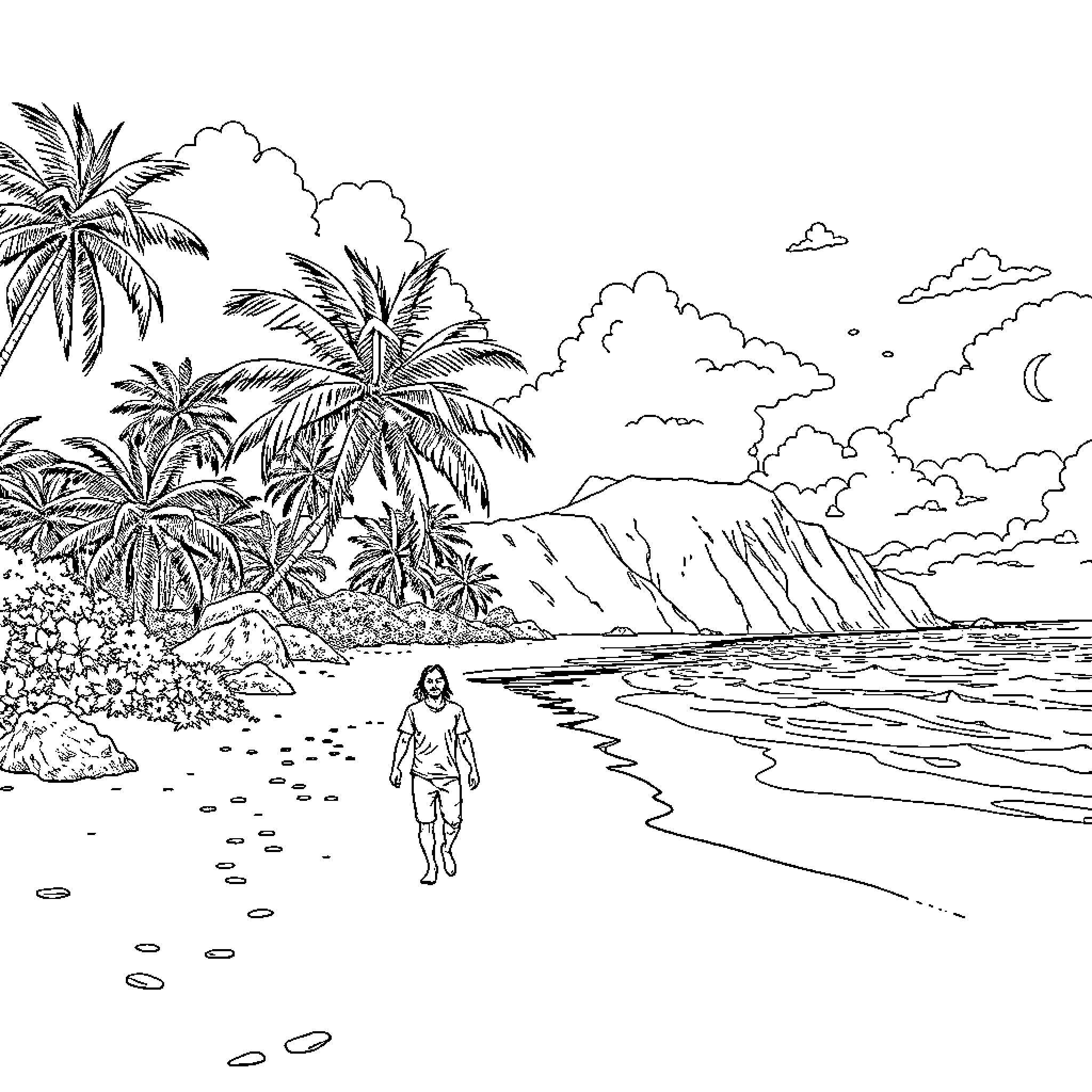 Paradise stroll along the serene tropical beach Coloring Page (free black-and-white line drawing printable PDF for all, from beginners to advanced learners, including children, teens, adults, and seniors)