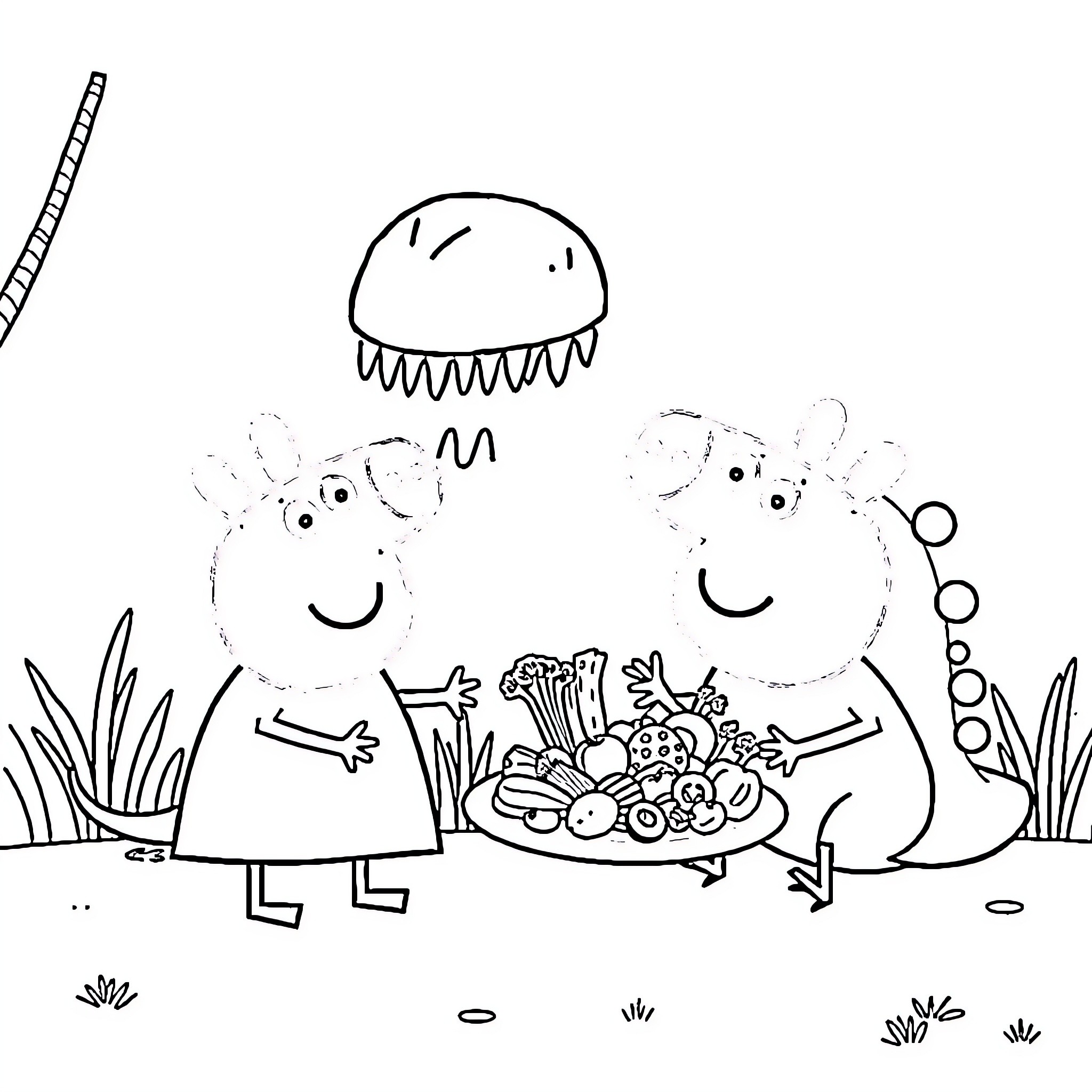 Peppa Pig and friends explore nature's wonders Coloring Page (free black-and-white line drawing printable PDF for all, from beginners to advanced learners, including children, teens, adults, and seniors)