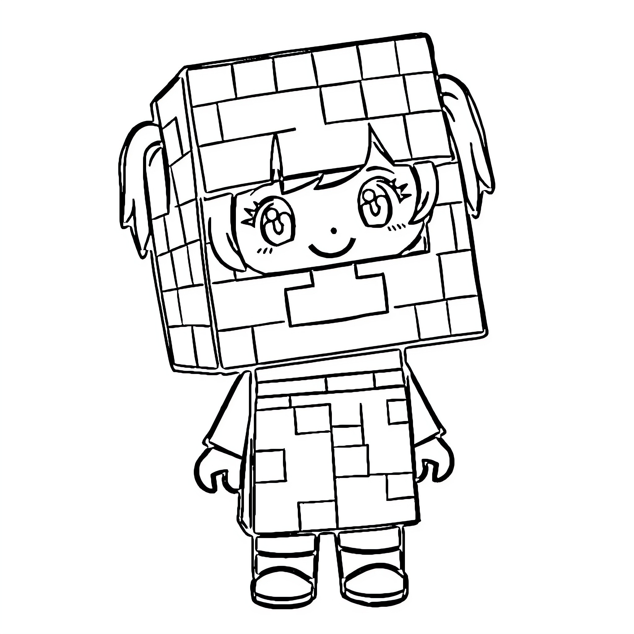 Girl with Pixelated Style Outfit Coloring Page (free black-and-white line drawing printable PDF for all, from beginners to advanced learners, including children, teens, adults, and seniors)
