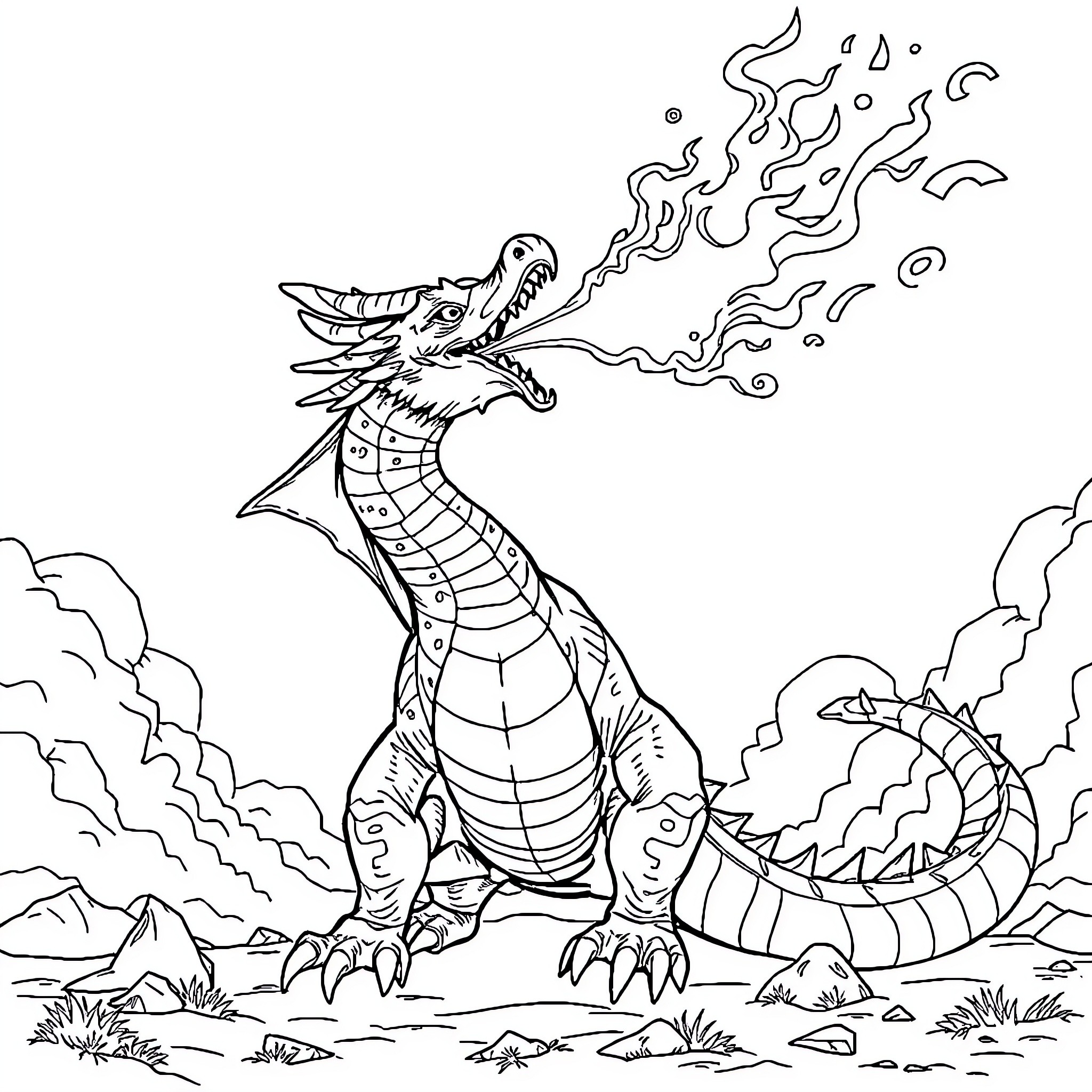 Dragon Breathing Fiery Breath in the Wilderness Coloring Page (free black-and-white line drawing printable PDF for all, from beginners to advanced learners, including children, teens, adults, and seniors)