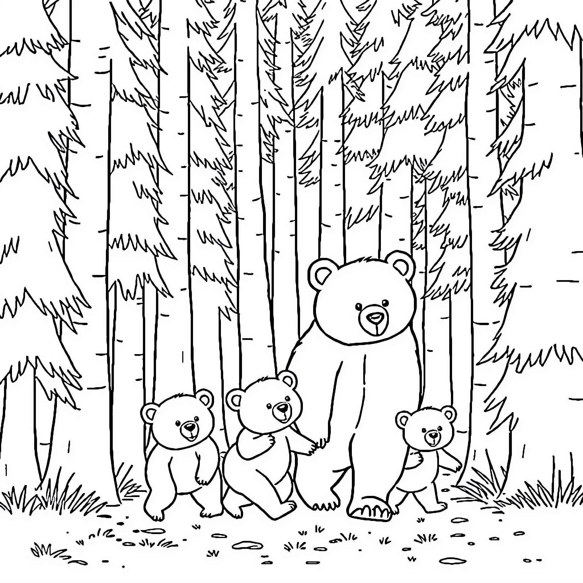 Bear family exploring the forest Coloring Page (free black-and-white line drawing printable PDF for all, from beginners to advanced learners, including children, teens, adults, and seniors)