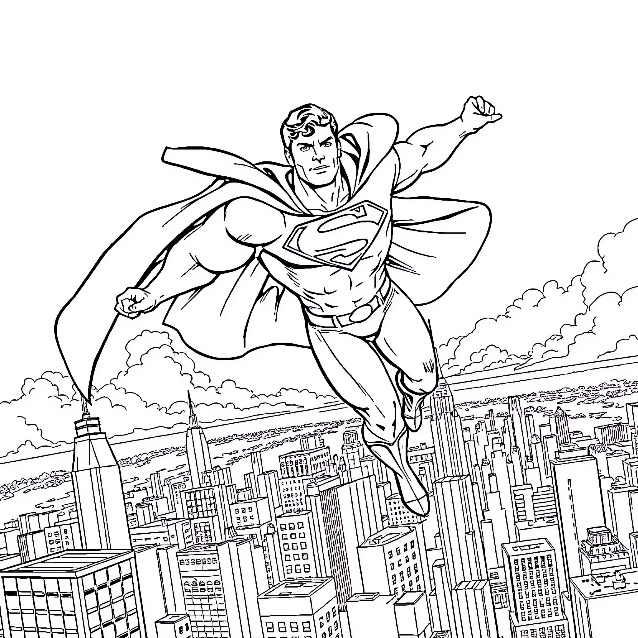 Superman soaring over the city skyline Coloring Page (free black-and-white line drawing printable PDF for all, from beginners to advanced learners, including children, teens, adults, and seniors)