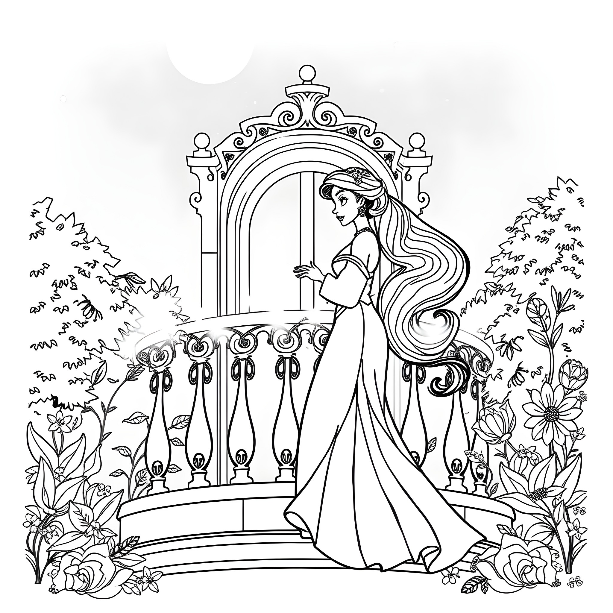 Tiana standing on a balcony surrounded by floral details Coloring Page (free black-and-white line drawing printable PDF for all, from beginners to advanced learners, including children, teens, adults, and seniors)