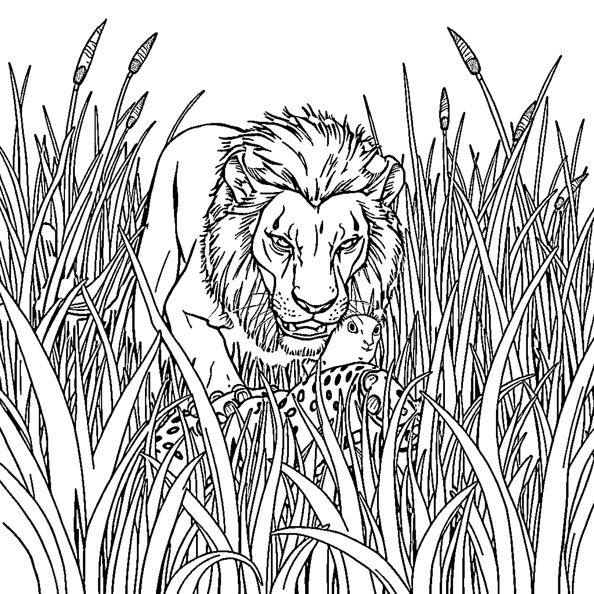 Lion prowling through tall grass Coloring Page (free black-and-white line drawing printable PDF for all, from beginners to advanced learners, including children, teens, adults, and seniors)