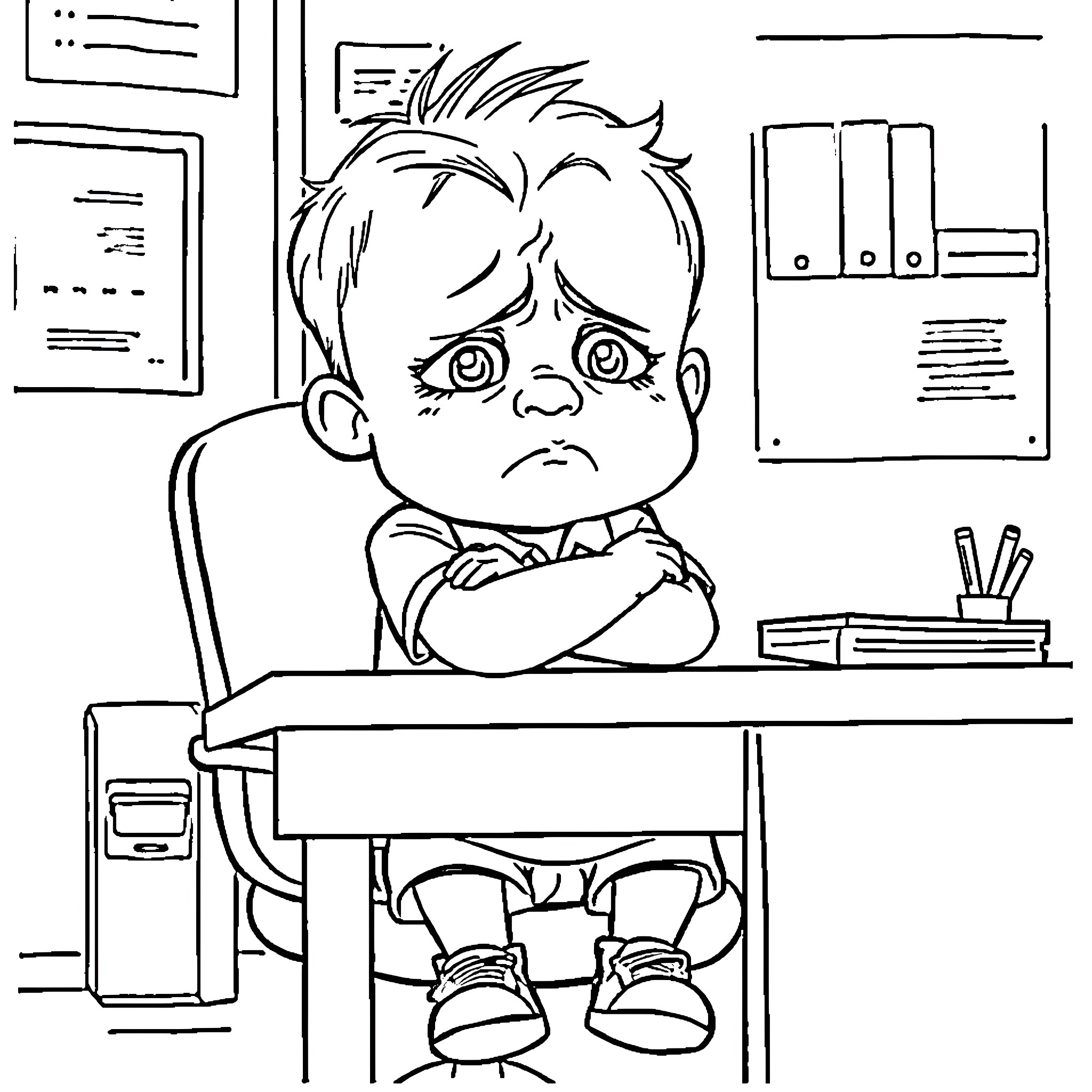 Toddler contemplating at the office desk Coloring Page (free black-and-white line drawing printable PDF for all, from beginners to advanced learners, including children, teens, adults, and seniors)
