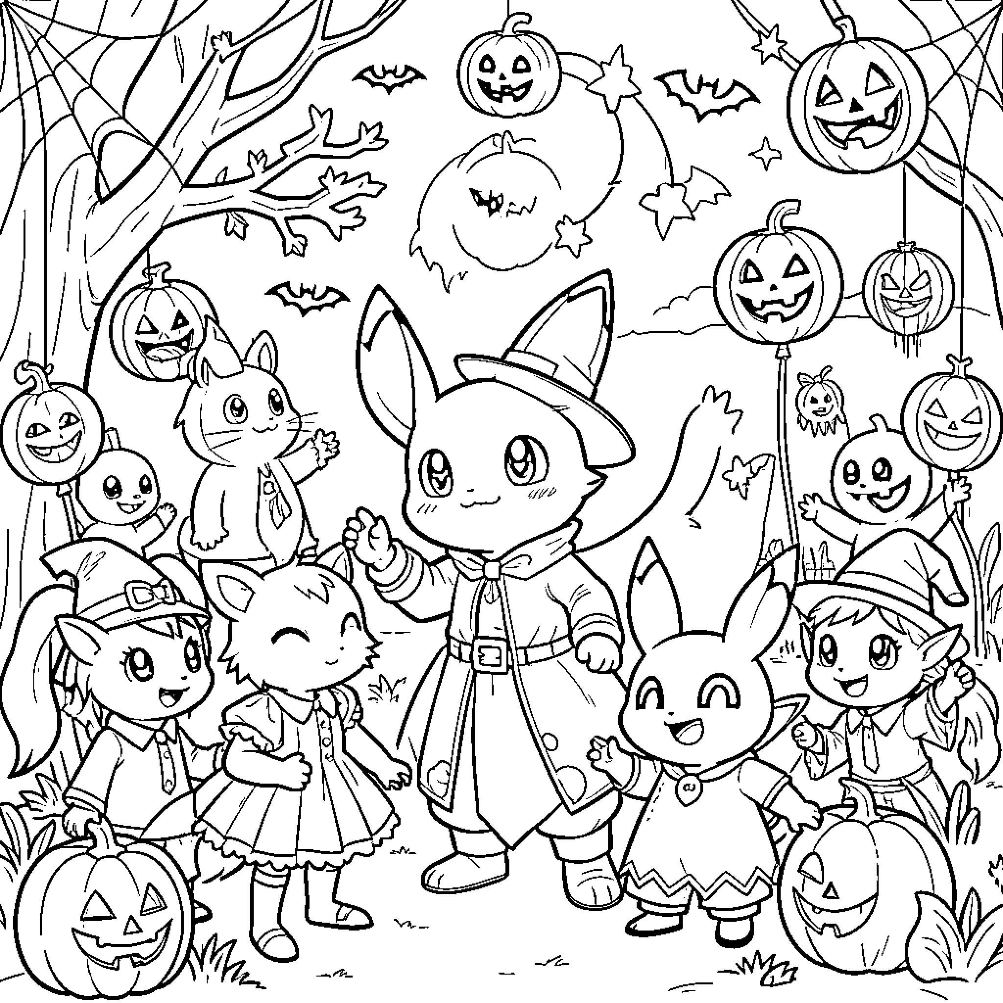 Pokémon characters celebrating Halloween in whimsical costumes Coloring Page (free black-and-white line drawing printable PDF for all, from beginners to advanced learners, including children, teens, adults, and seniors)
