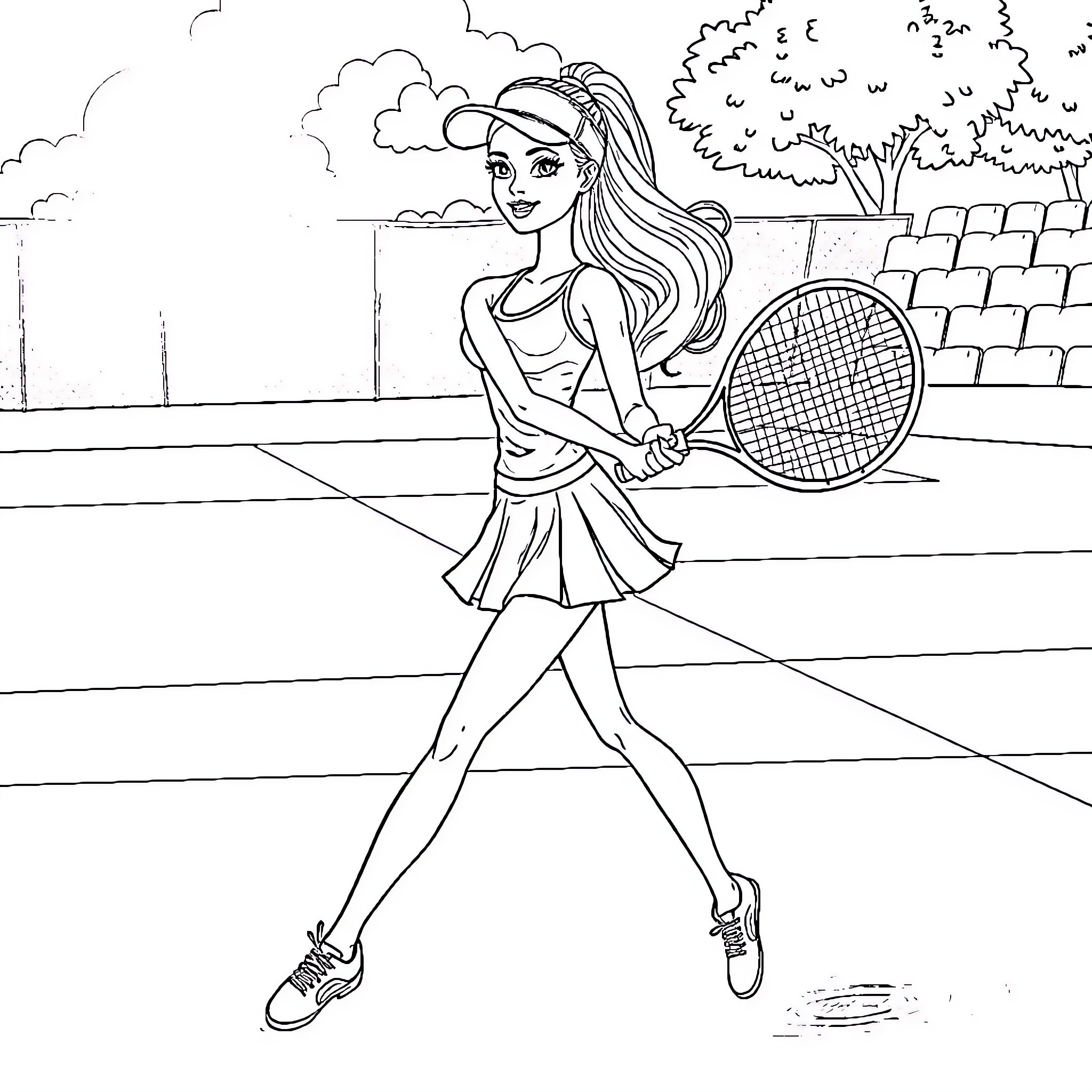Barbie playing tennis on the court Coloring Page (free black-and-white line drawing printable PDF for all, from beginners to advanced learners, including children, teens, adults, and seniors)