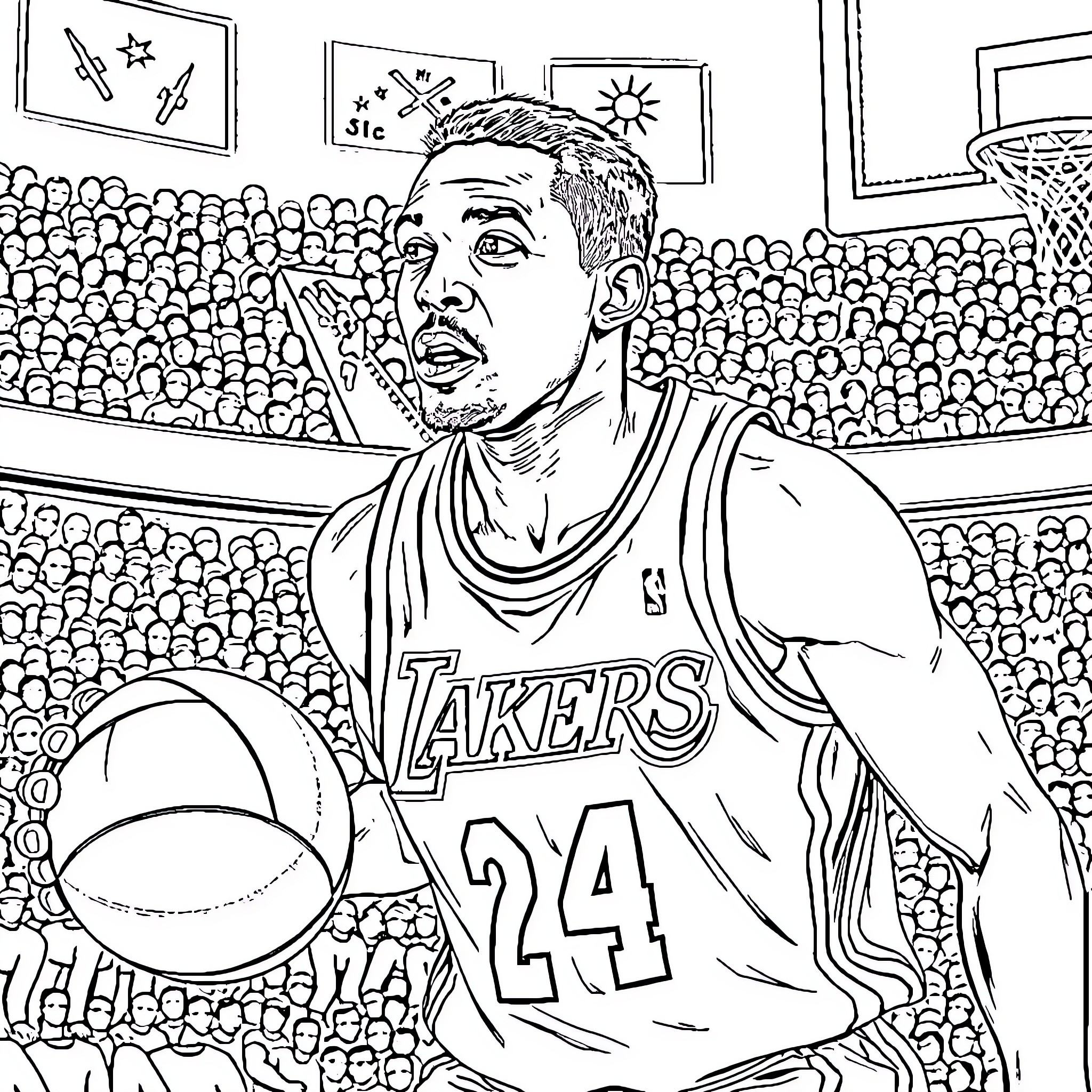Leon S. Kennedy playing basketball with crowd in stadium Coloring Page (free black-and-white line drawing printable PDF for all, from beginners to advanced learners, including children, teens, adults, and seniors)