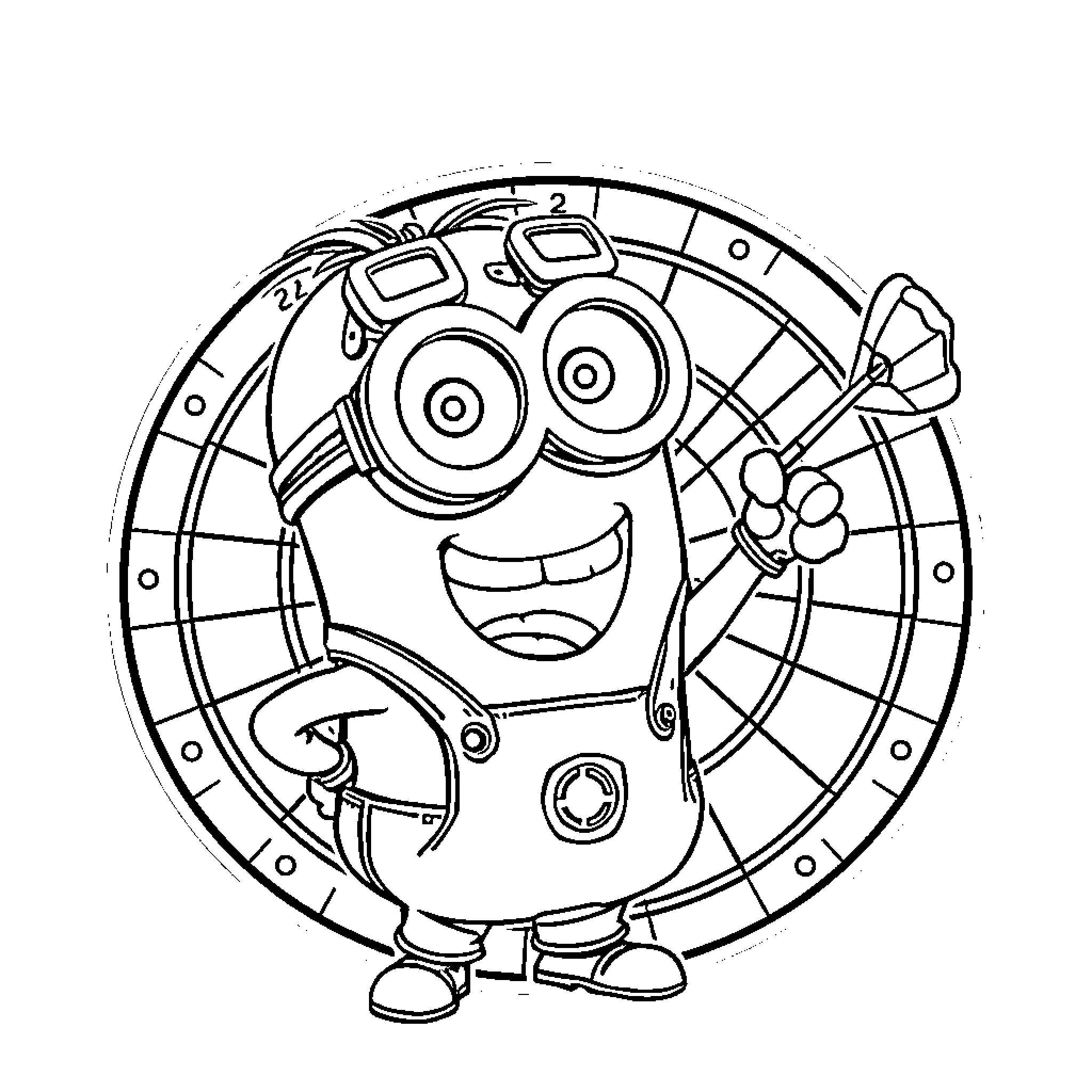 Minion displaying cheerful expression and holding flower Coloring Page (free black-and-white line drawing printable PDF for all, from beginners to advanced learners, including children, teens, adults, and seniors)