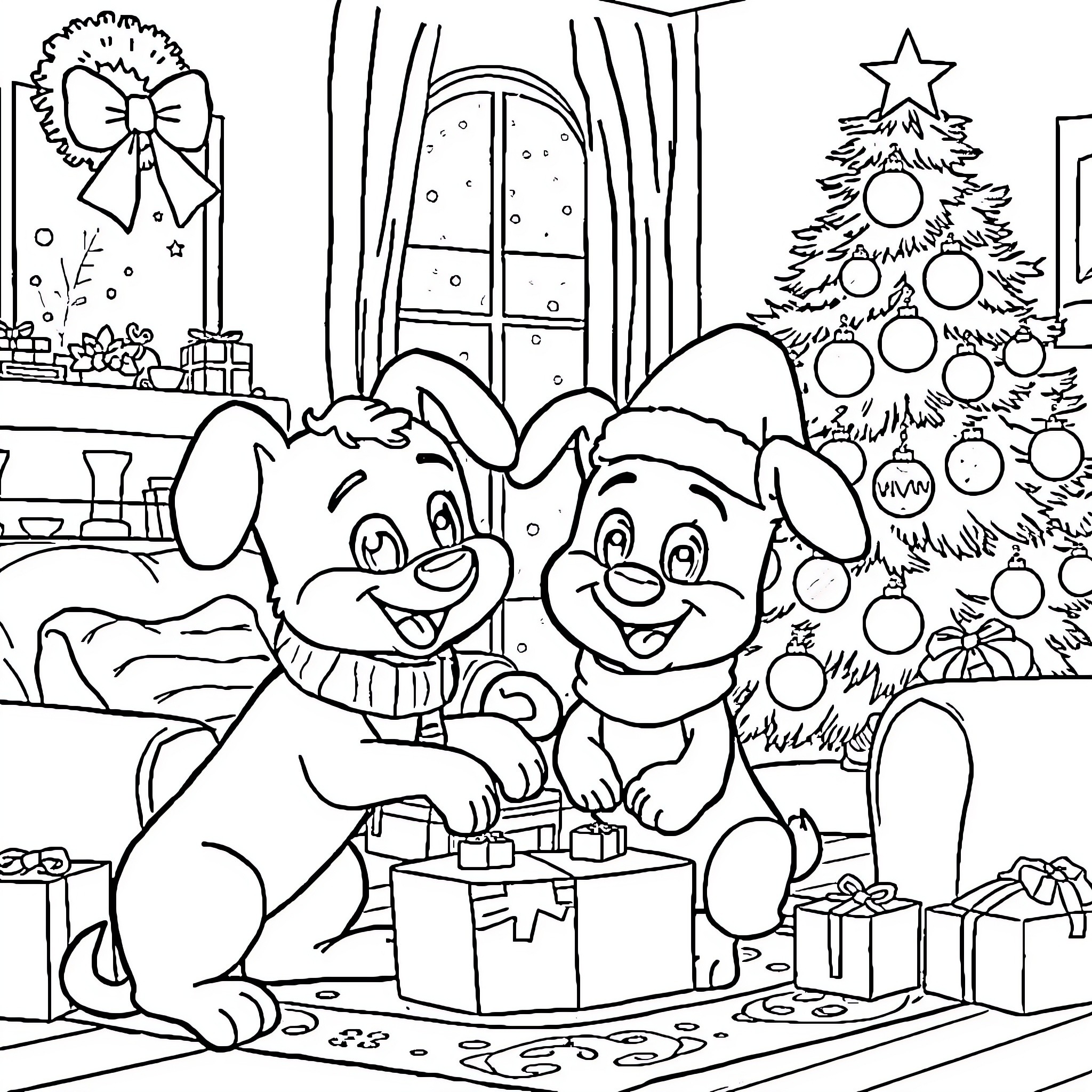 Bluey's Cozy Christmas Adventure Coloring Page (free black-and-white line drawing printable PDF for all, from beginners to advanced learners, including children, teens, adults, and seniors)