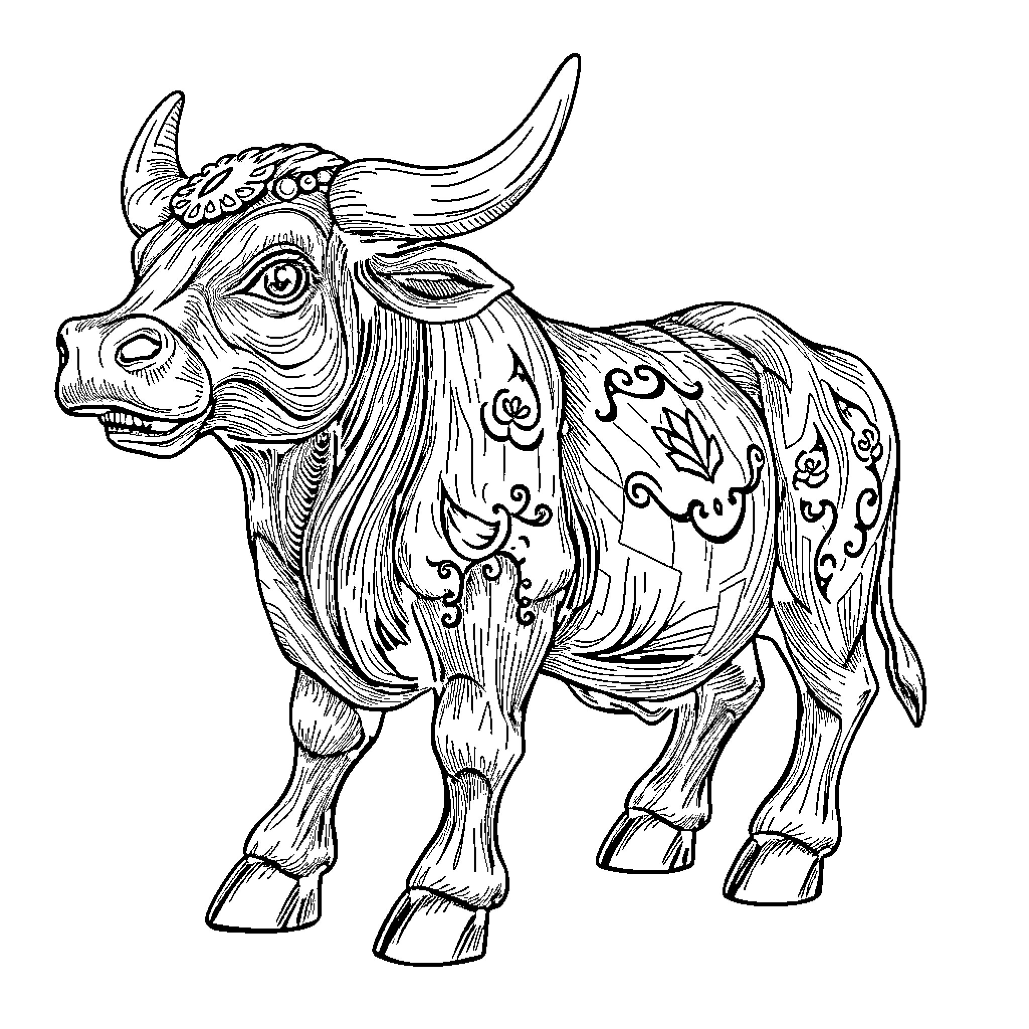 Cow with intricate floral patterns Coloring Page (free black-and-white line drawing printable PDF for all, from beginners to advanced learners, including children, teens, adults, and seniors)