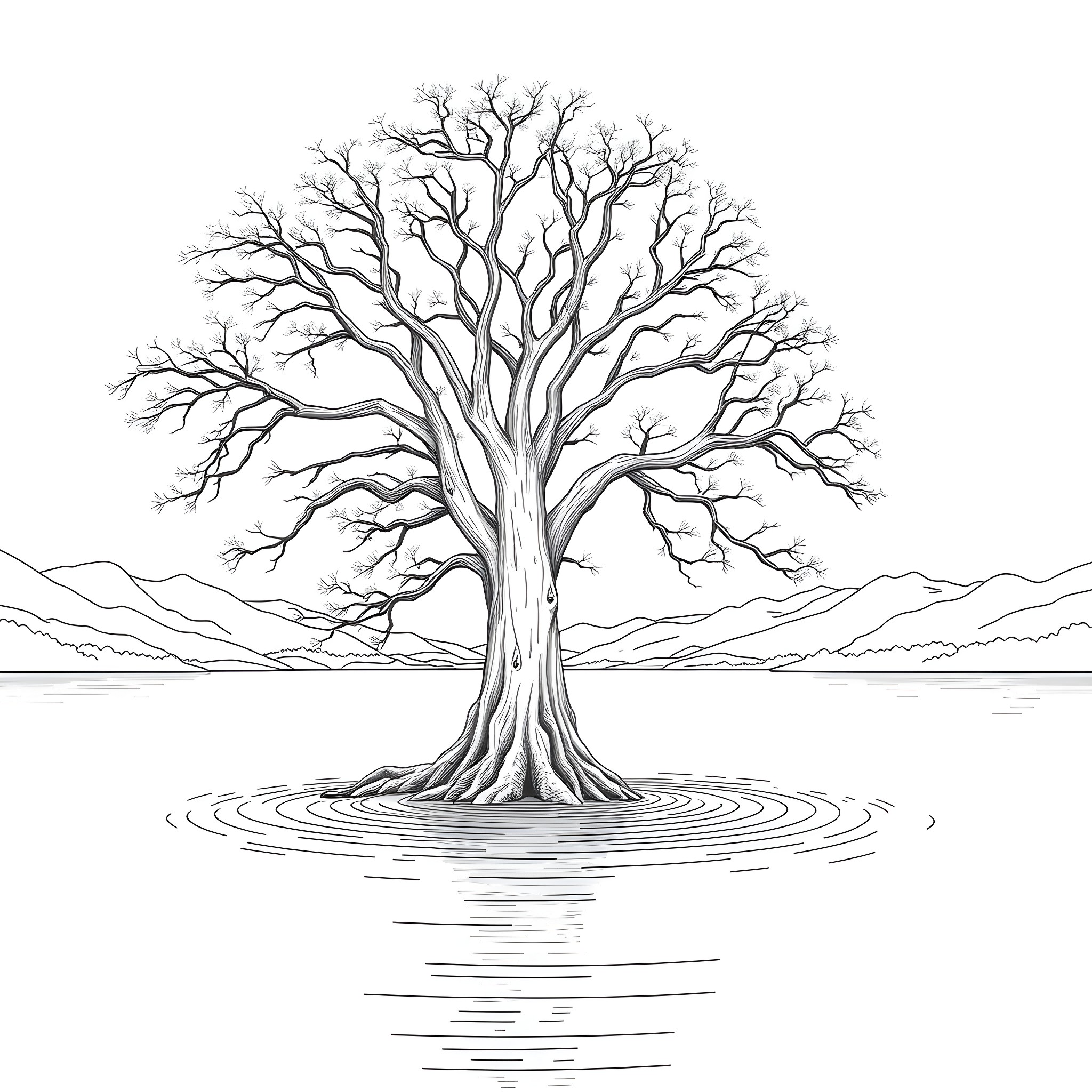 Tree with sprawling branches reflecting in water Coloring Page (free black-and-white line drawing printable PDF for all, from beginners to advanced learners, including children, teens, adults, and seniors)