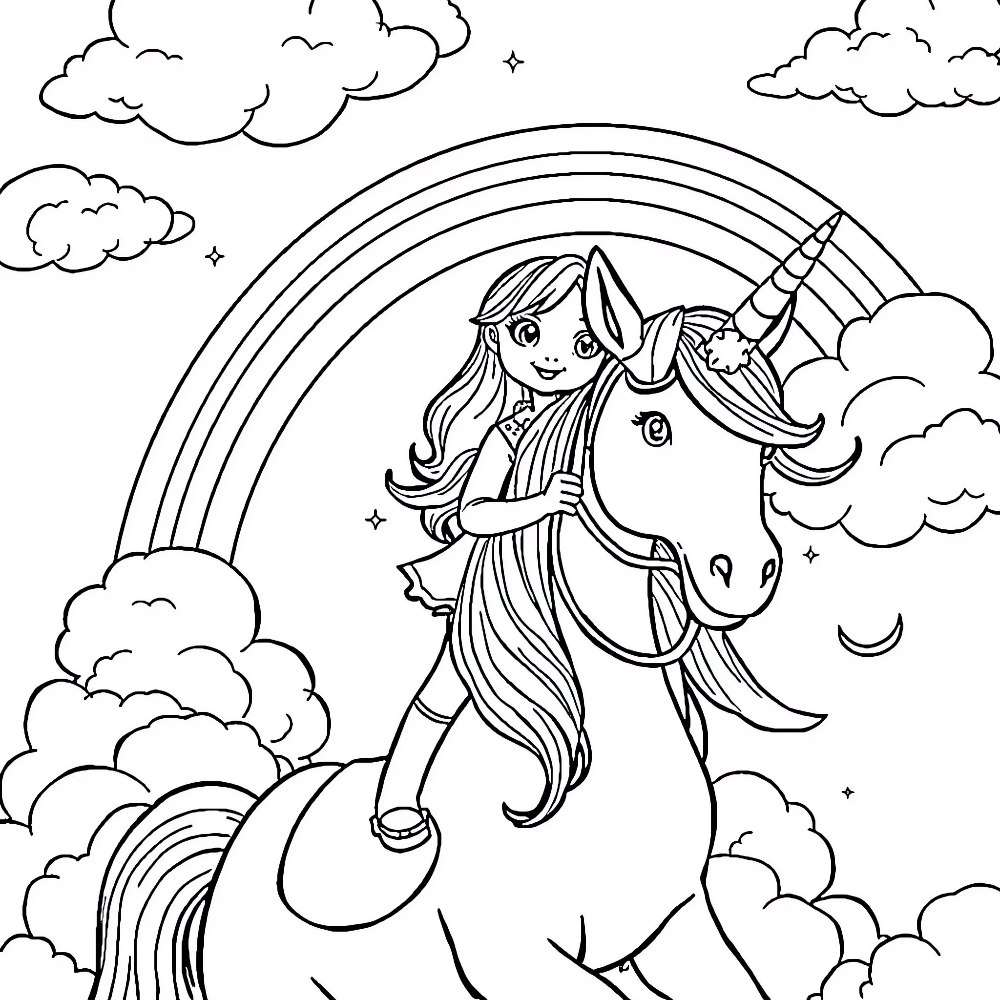 Unicorn and Girl Explore the Enchanted Skies Coloring Page (free black-and-white line drawing printable PDF for all, from beginners to advanced learners, including children, teens, adults, and seniors)