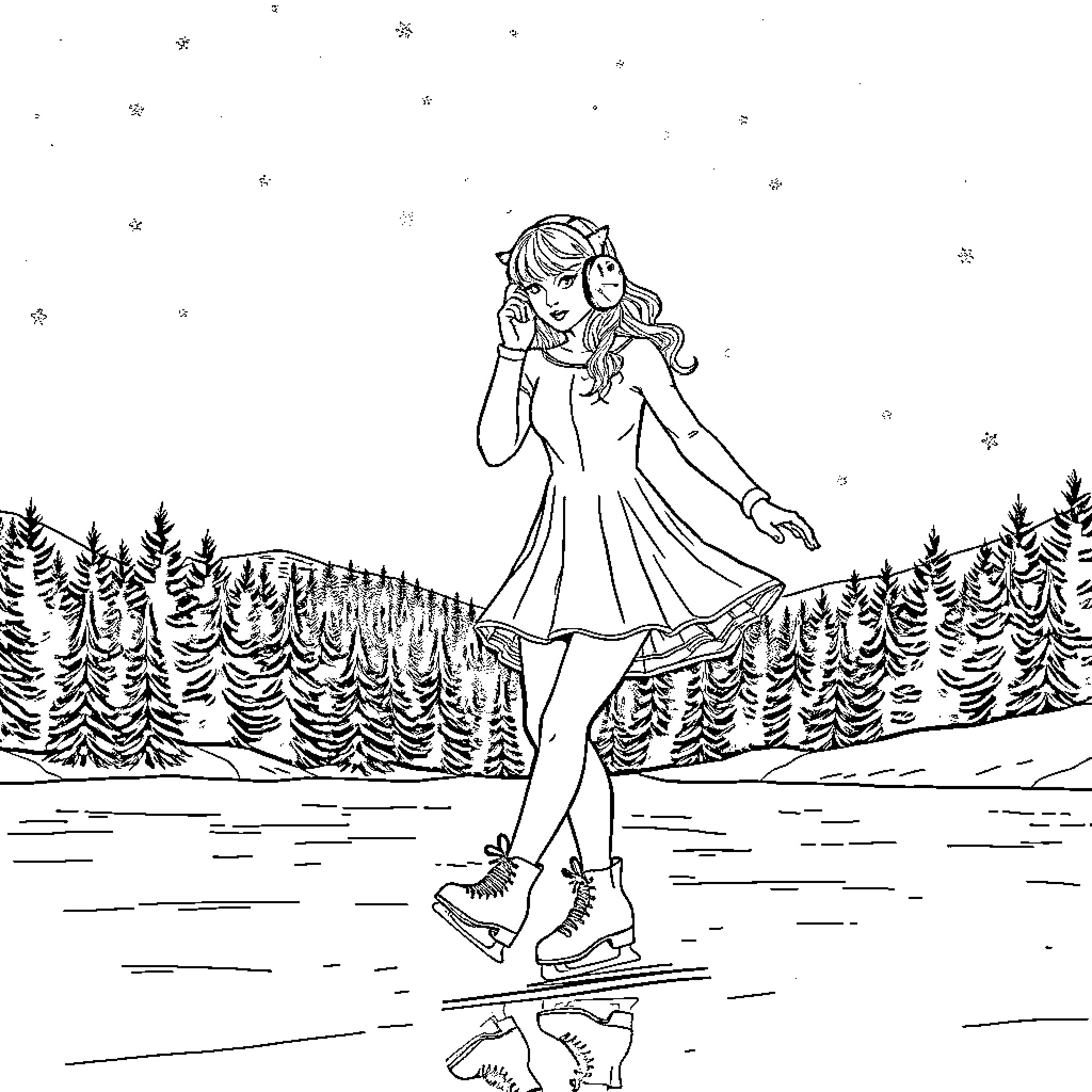 Taylor Swift ice skating gracefully in winter wonderland Coloring Page (free black-and-white line drawing printable PDF for all, from beginners to advanced learners, including children, teens, adults, and seniors)