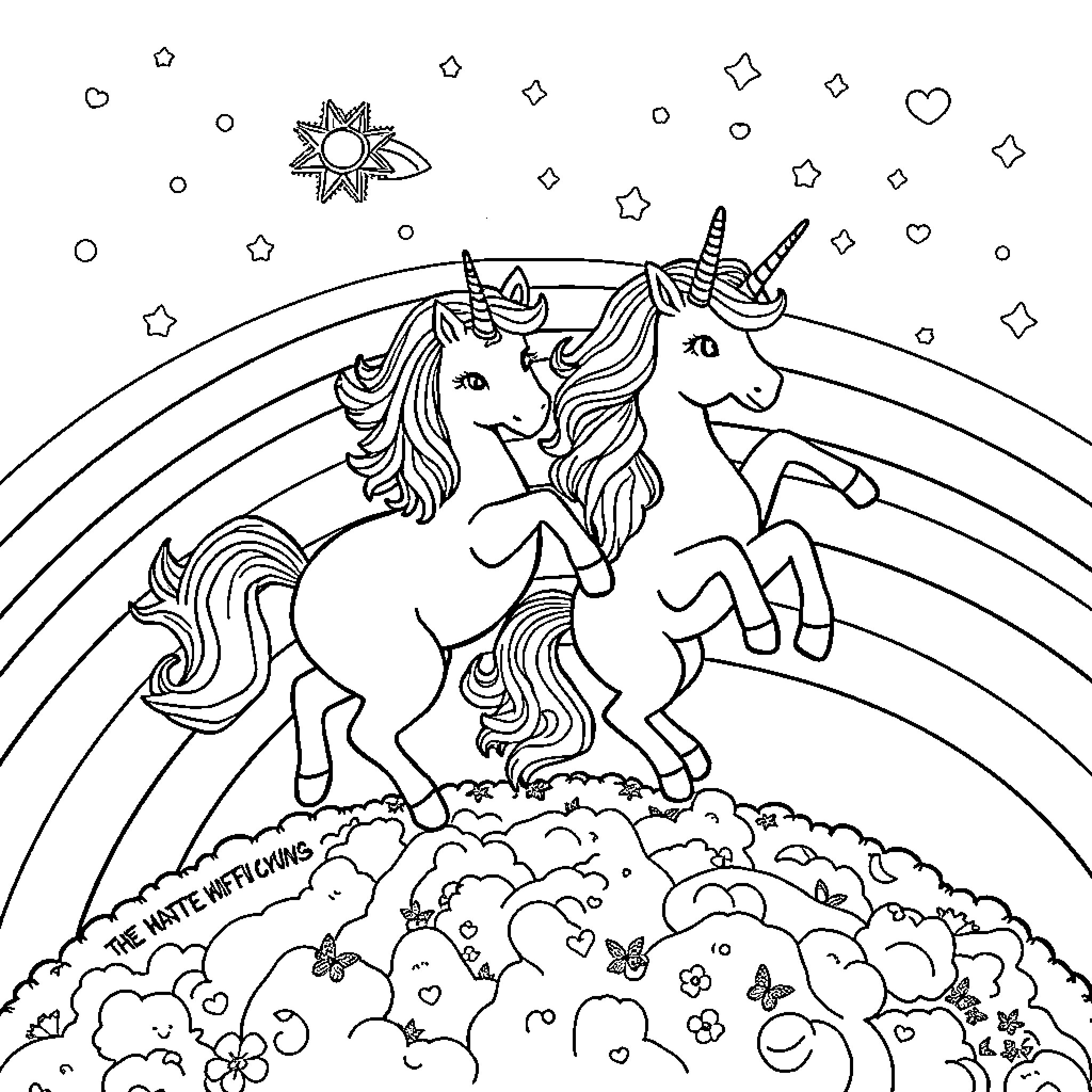 Unicorn dancing on rainbow with shining stars Coloring Page (free black-and-white line drawing printable PDF for all, from beginners to advanced learners, including children, teens, adults, and seniors)