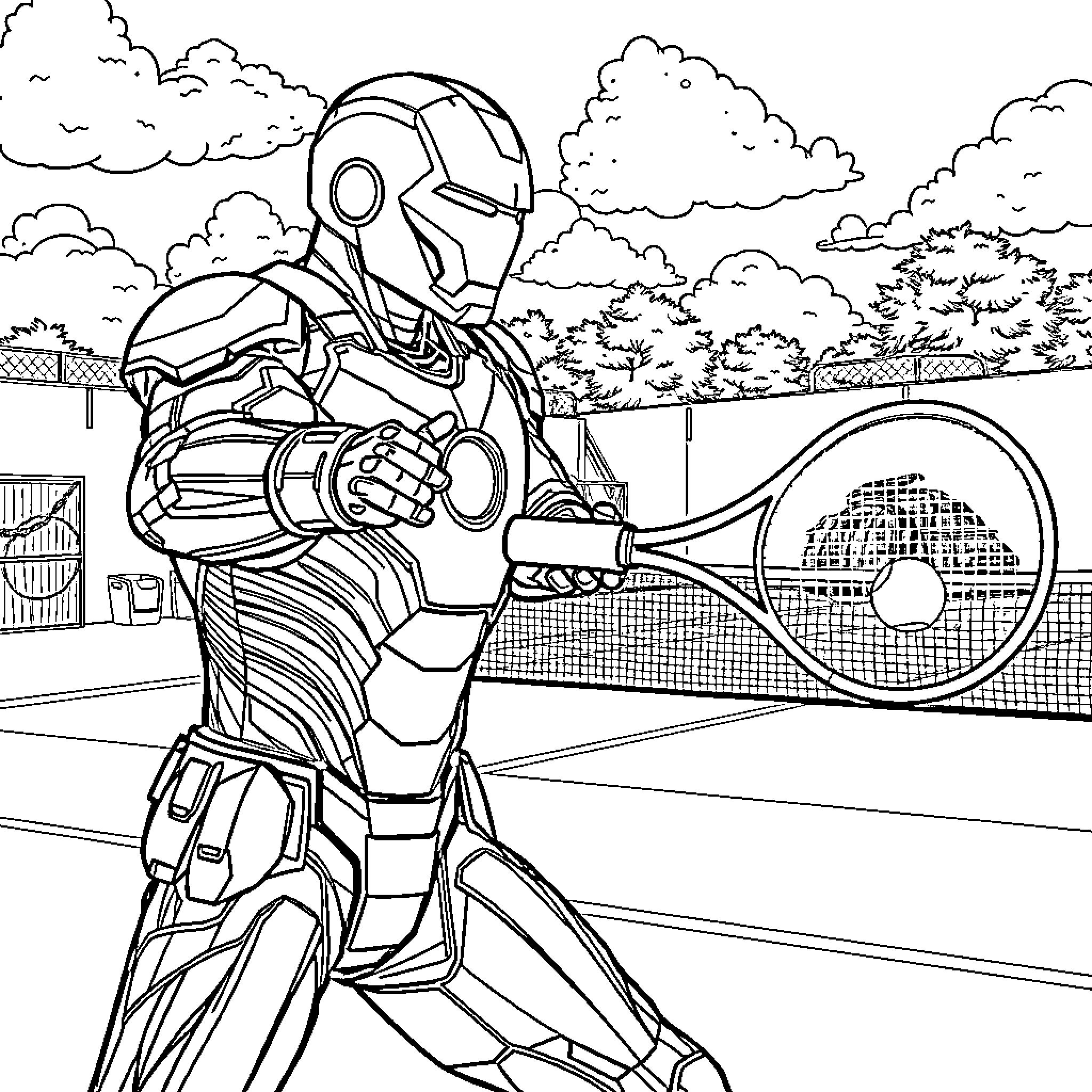 Iron Man playing tennis in an outdoor court Coloring Page (free black-and-white line drawing printable PDF for all, from beginners to advanced learners, including children, teens, adults, and seniors)