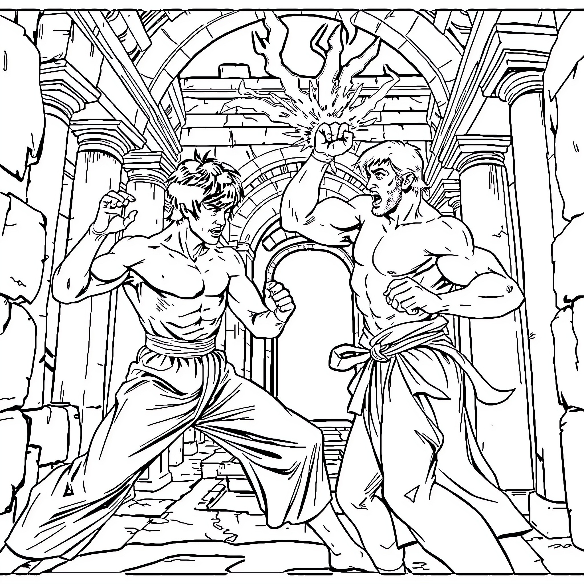 Bruce Lee in intense martial arts battle Coloring Page (free black-and-white line drawing printable PDF for all, from beginners to advanced learners, including children, teens, adults, and seniors)