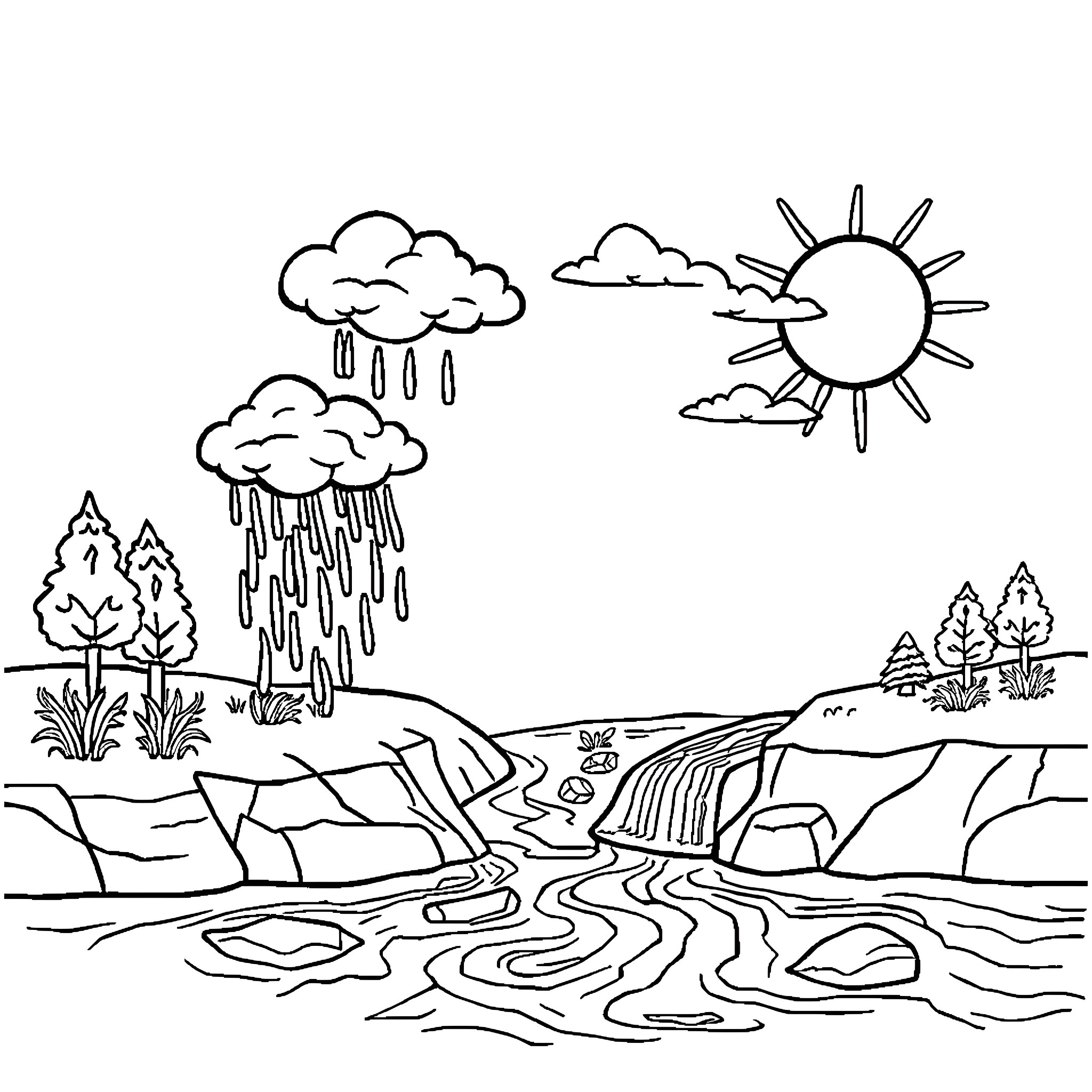 Water Cycle in Nature's Landscape Coloring Page (free black-and-white line drawing printable PDF for all, from beginners to advanced learners, including children, teens, adults, and seniors)