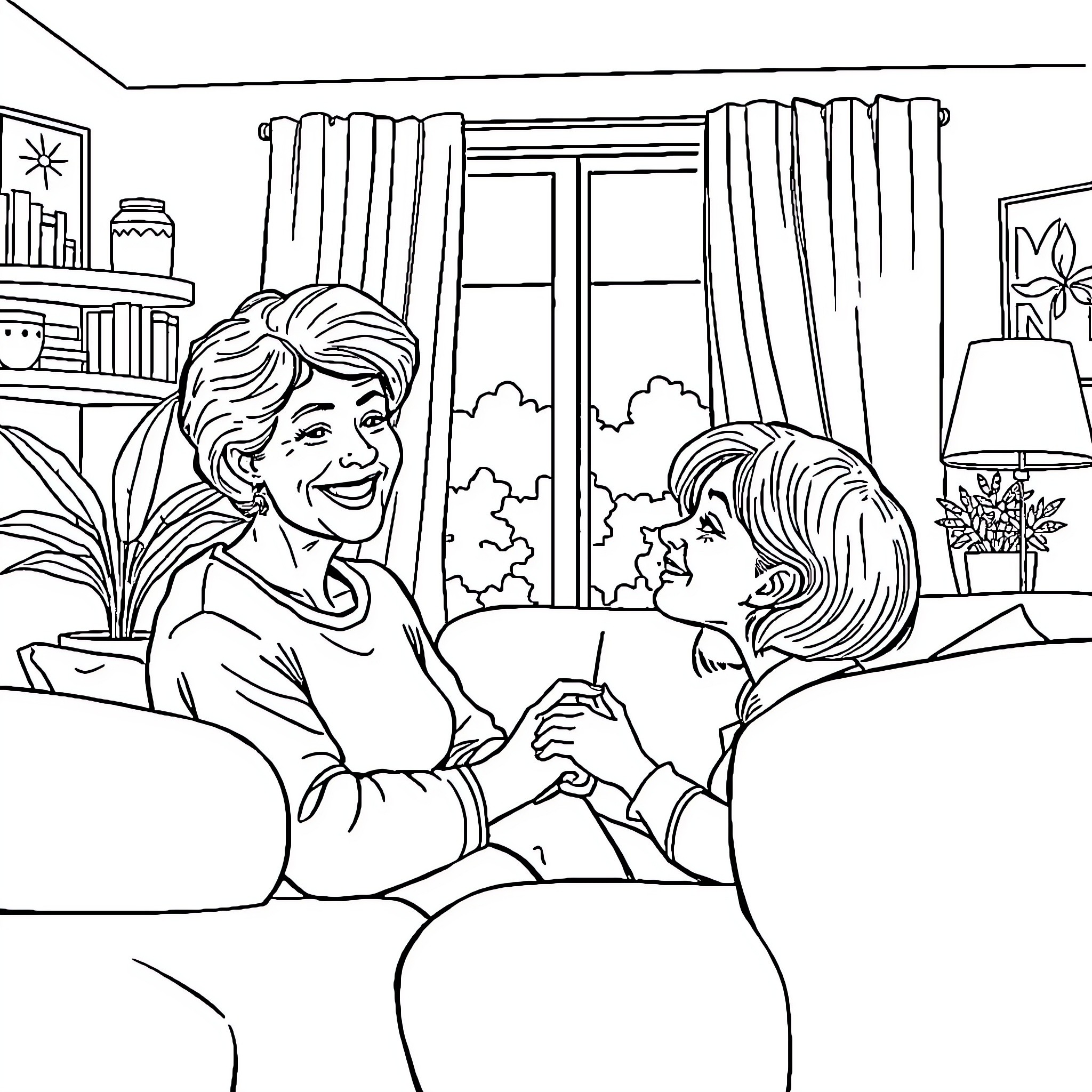 Mom sharing a joyful moment with child at home Coloring Page (free black-and-white line drawing printable PDF for all, from beginners to advanced learners, including children, teens, adults, and seniors)